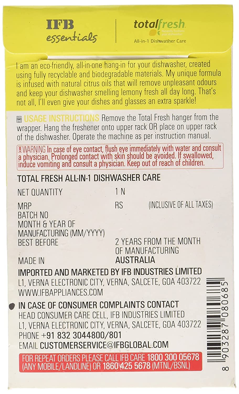 IFB Total Fresh Dishwasher Freshener & Dishwasher Tablets Combo - 1 Count | Lemon Scent | Deep Cleaning & Odor Removal | Perfect for Kitchen, Home & Restaurant Use