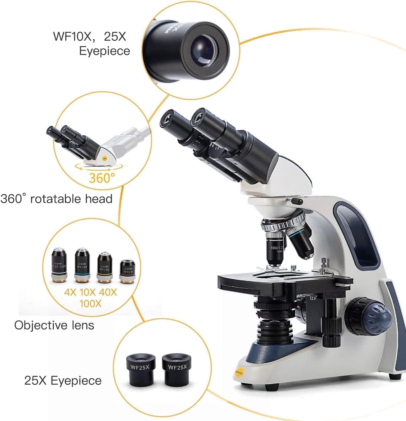 SWIFT SW380B Binocular Compound Microscope 40X-2500X Magnification with 1.3MP Digital Camera & 100 Prepared Slides - Professional Microscope Kit for Students, Adults, Home & School Laboratory Use - Ideal for Biology, Science Education & Research