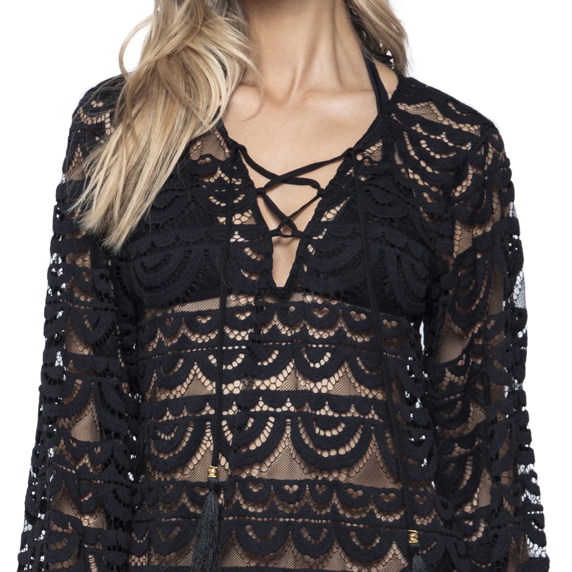 PQ Swim Women's Noah Black Gold Tunic Cover-Up - Scalloped Hem & Lace-Up Front Tie Beach Dress for Summer Vacation, Pool Party, and Resort Wear