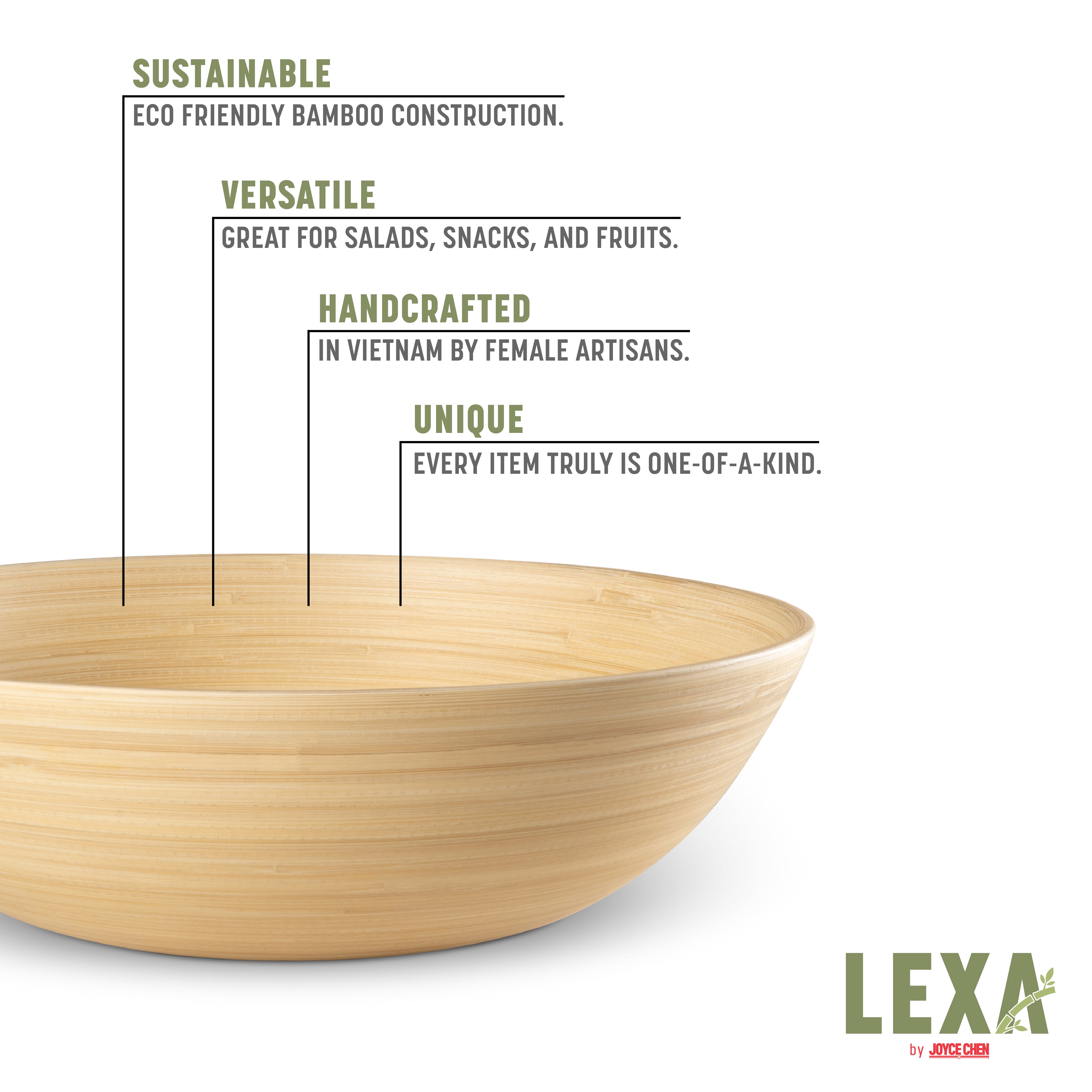 Lexa 12 Inch Bamboo Salad Bowl Set - Eco-Friendly, Durable & Lightweight for Healthy Meals, Picnics, and Party Serving