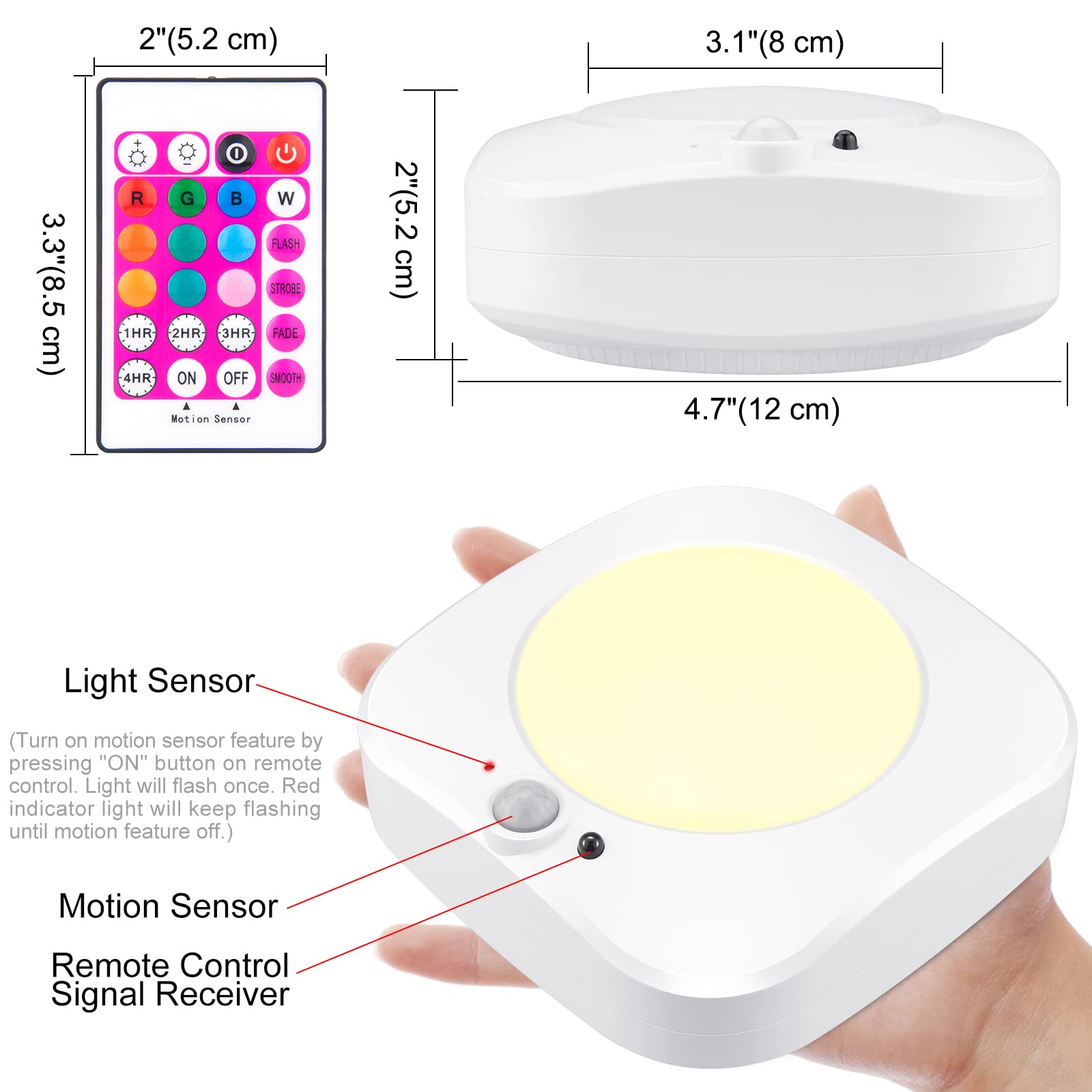 BIGMONAT Rechargeable Motion Sensor LED Shower Light - Wireless Ceiling Light with Remote & Timer, 220LM RGB Night Light for Bathroom, Closet, Pantry, Hallway, Cabinet, Bedroom, Laundry | Waterproof & Energy Saving for Home, Hotel, Apartment Safety Lighting