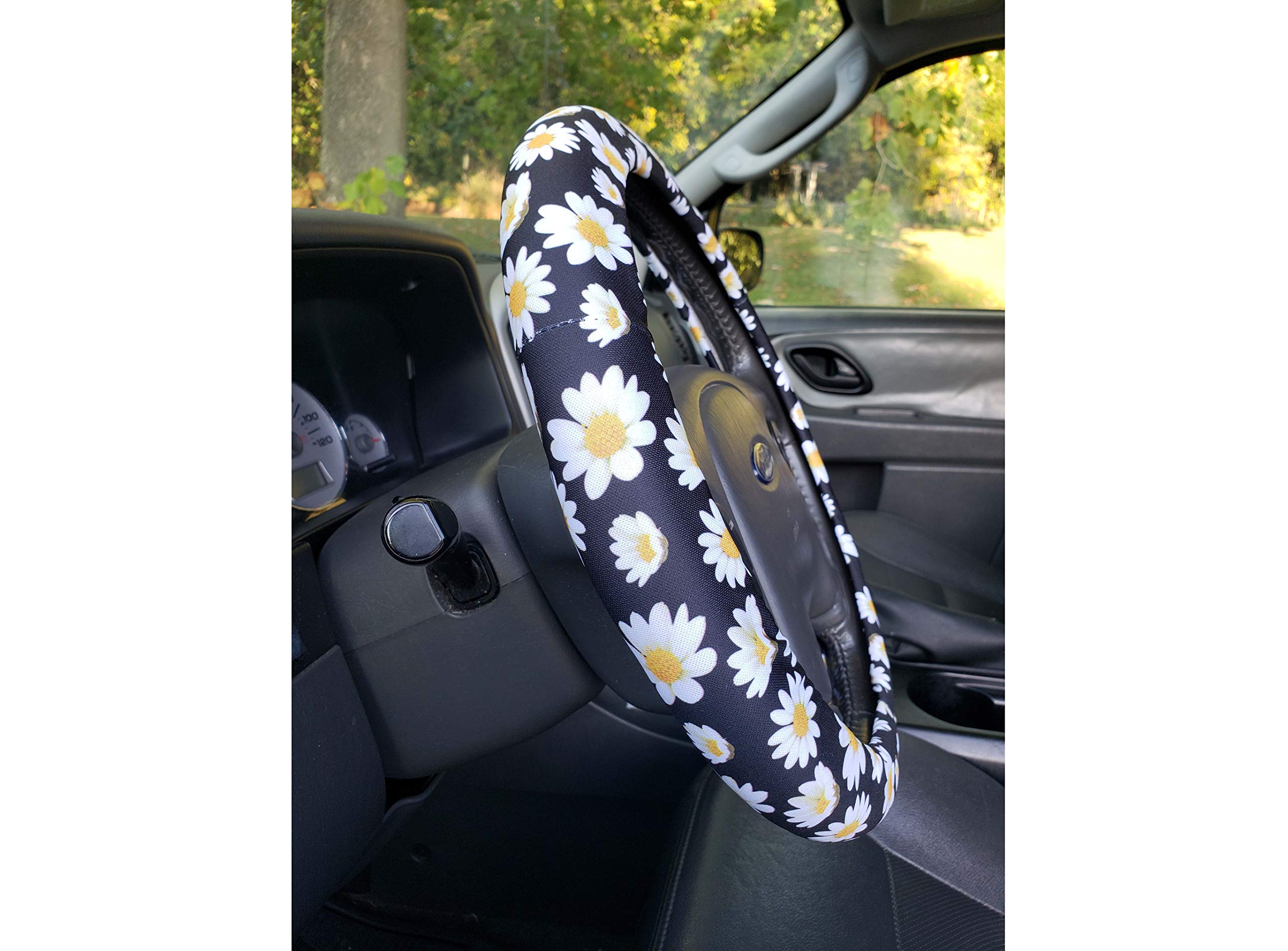 Premium Daisy Floral Steering Wheel Cover - Lightly Padded, Universal Fit for Cars (Black/White/Red/Yellow) | Comfort Grip & Stylish Car Accessory for Daily Driving & Road Trips