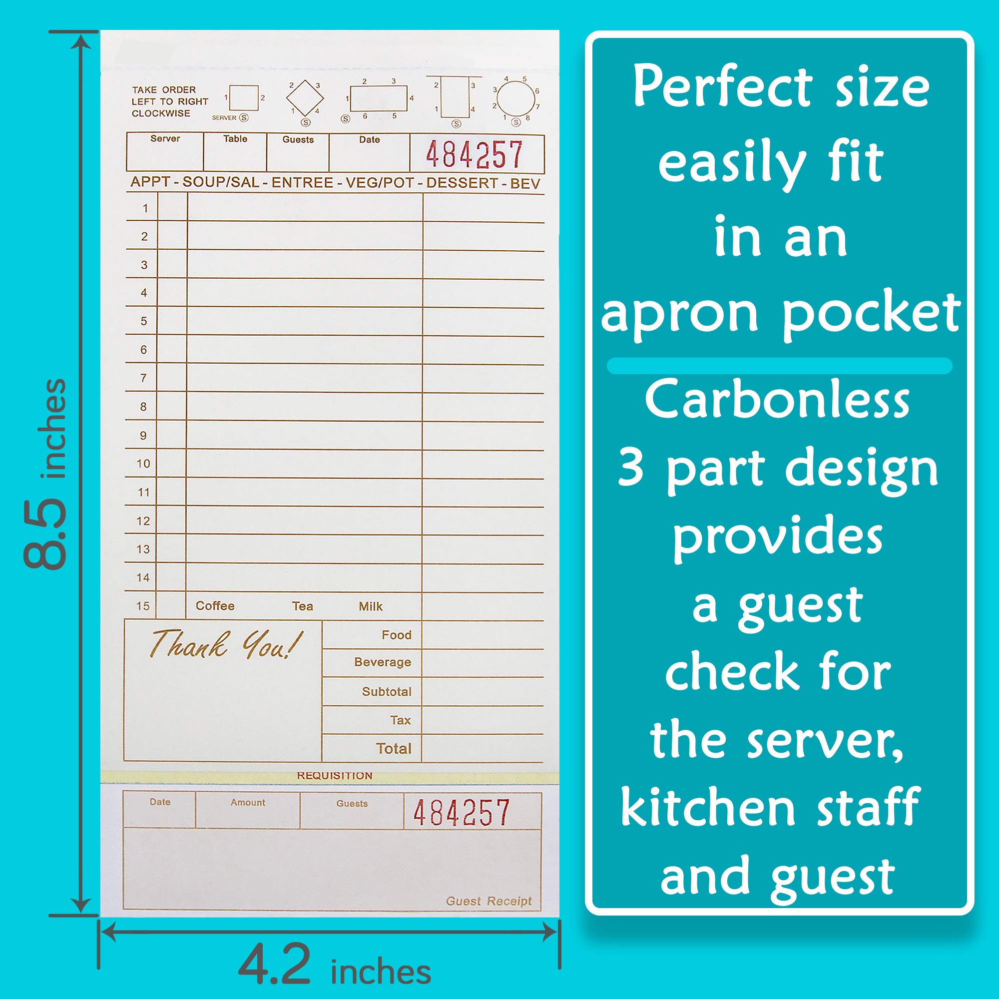 FMP Brands 3-Part Carbonless Guest Check Pads - 2000 Perforated Sheets for Waitress, Waiter & Business Receipts | Restaurant, Cafe & Hospitality Use