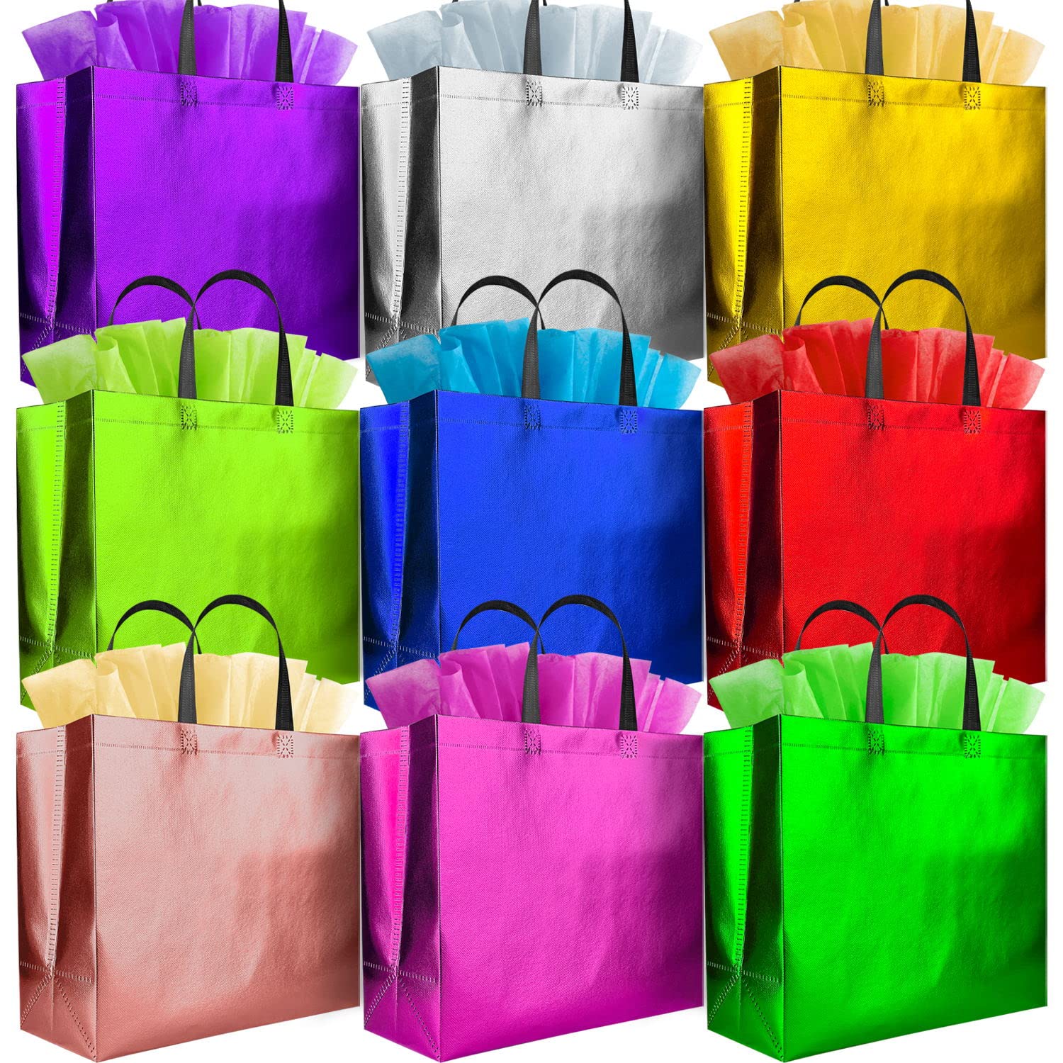 GITMIWS 13 Inch Sparkle Gift Bags with Tissues - 9 Pack Mixed Color Reusable Large Gift Bags for Birthday Parties, Wedding Favors, Baby Showers & Holiday Gifts | Perfect for Goodie Bags, Christmas Presents & Special Occasions