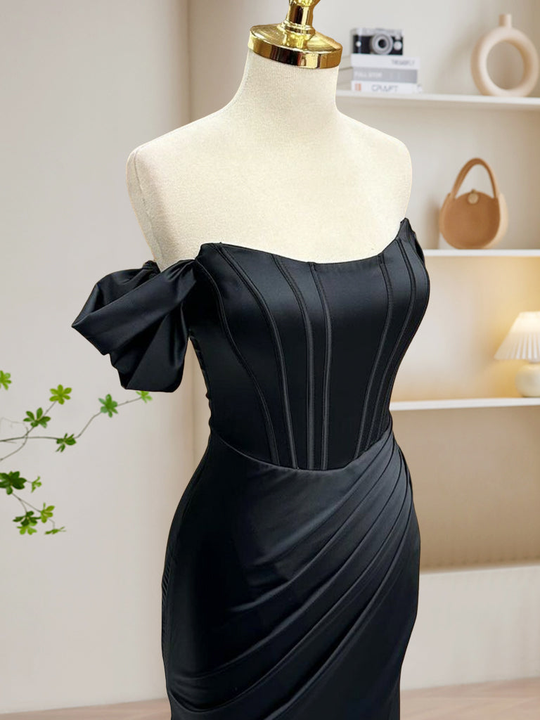 Elegant Black Off Shoulder Satin Mermaid Prom Dress - Long Evening Gown for Formal Events, Homecoming, and Special Occasions