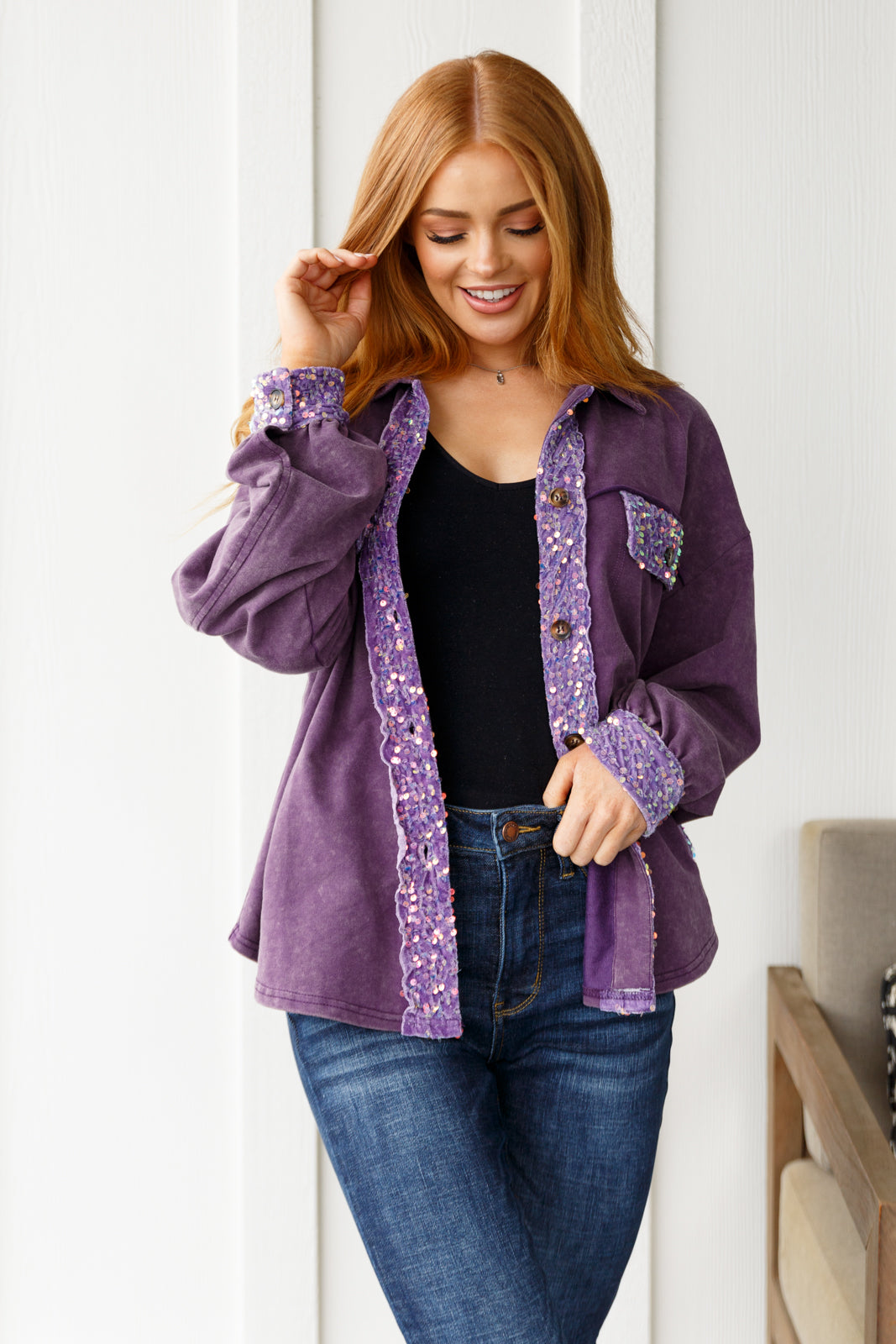Purple Sequins Shacket for Women - Stylish Sparkly Jacket for Parties, Night Out & Special Occasions
