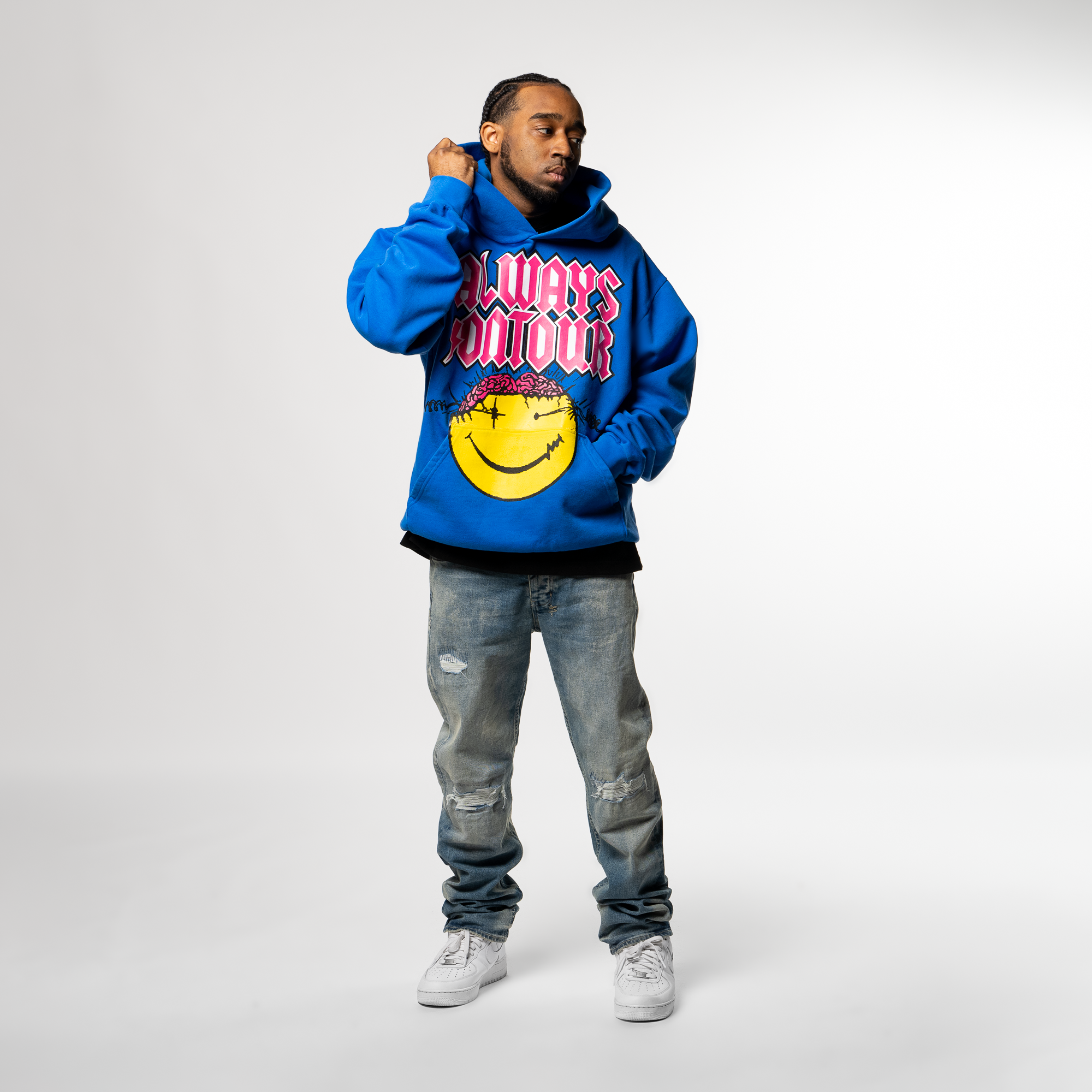 Always On Tour Smiley Hoodie - Blue | Trendy Unisex Pullover for Travel & Streetwear | Perfect for Casual Outings, Concerts & Outdoor Adventures