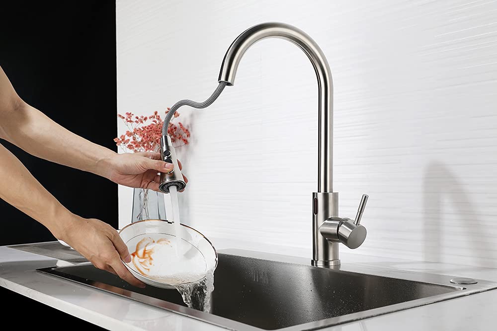 Touchless Pull Down Kitchen Faucet with Pull Out Sprayer, Single Handle Stainless Steel Brushed Nickel Sink Faucet, 2 Water Modes for Modern and Family Kitchens