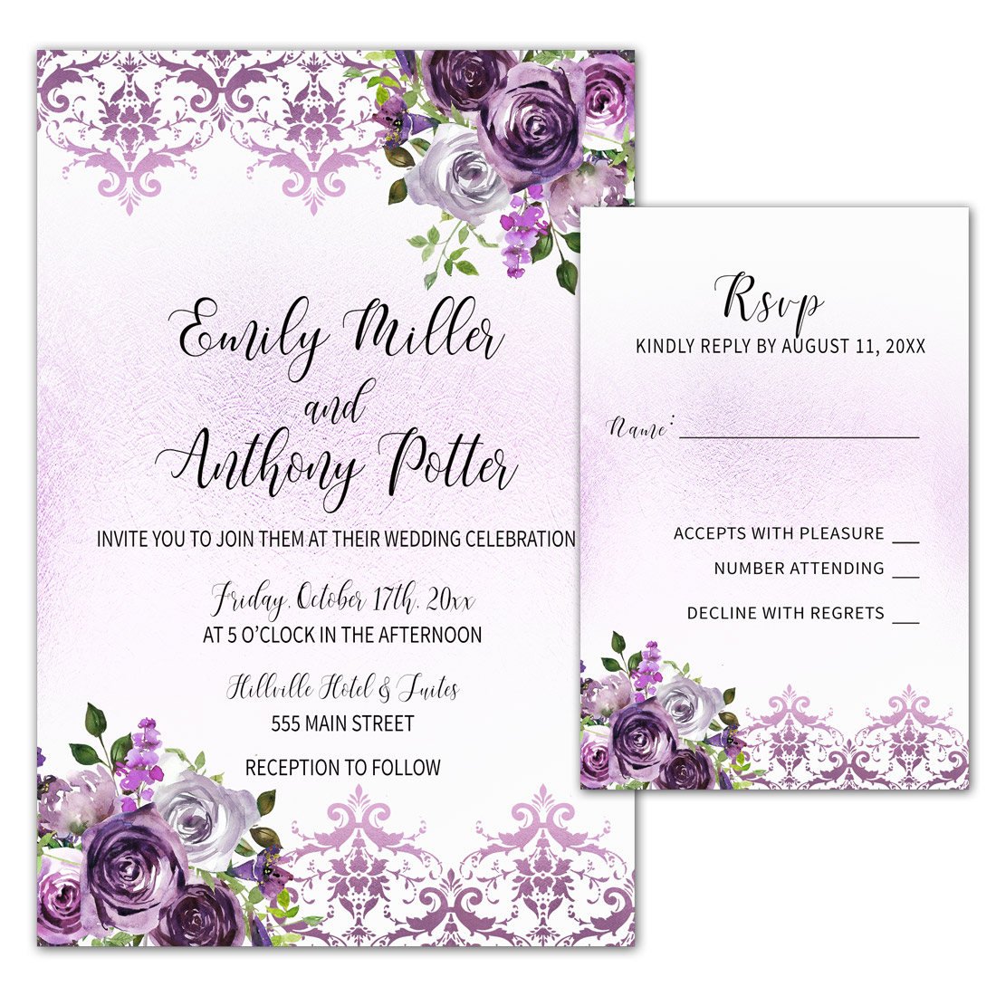 150 Elegant Purple Plum & Lavender Damask Floral Wedding Invitations Set with Envelopes & RSVP Cards - Perfect for Formal Weddings, Bridal Showers & Anniversary Celebrations