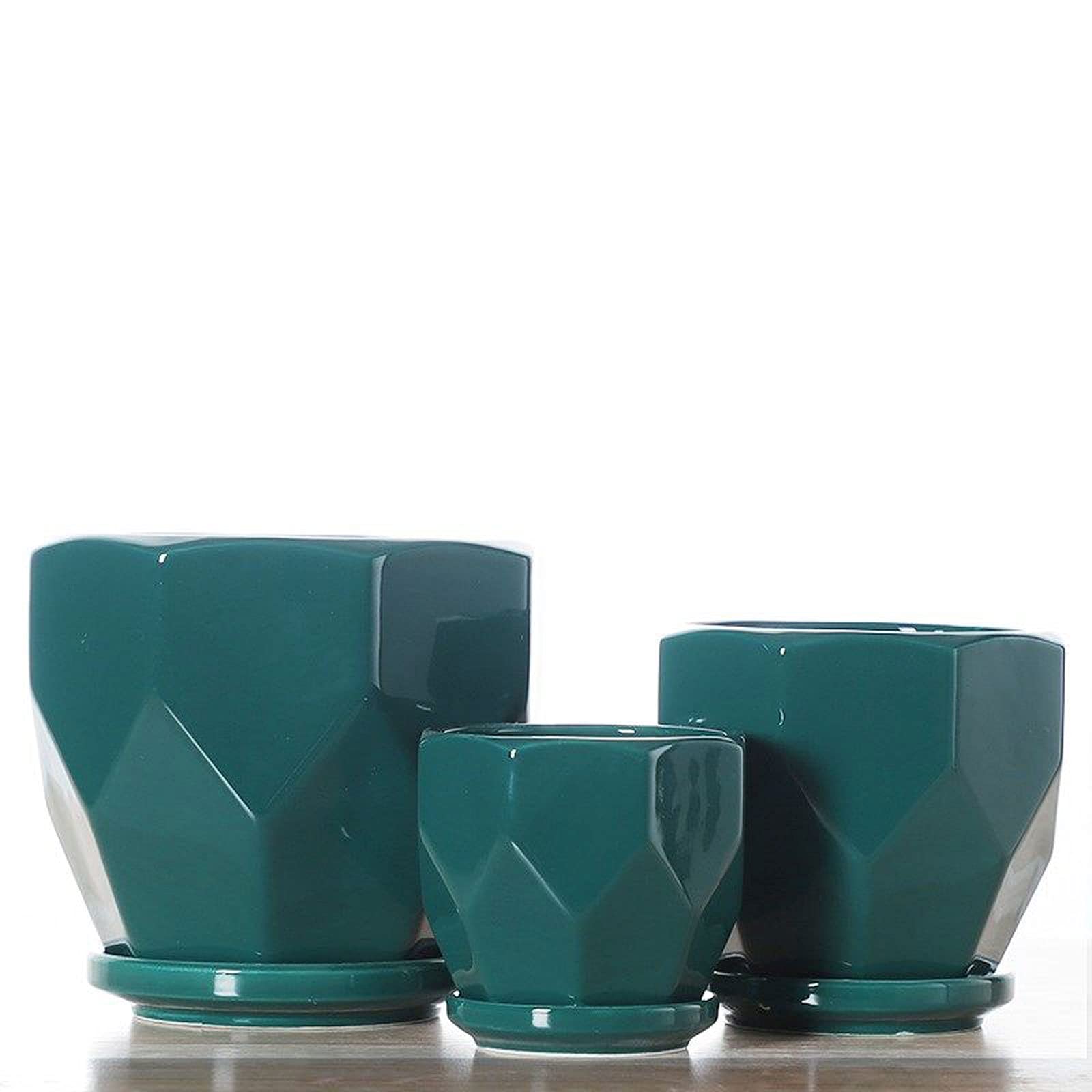 Modern Ceramic Flower Plant Pots - Set of 3 Indoor/Outdoor Garden Planters in Different Sizes, Green Home Decor for Living Room, Office & Balcony