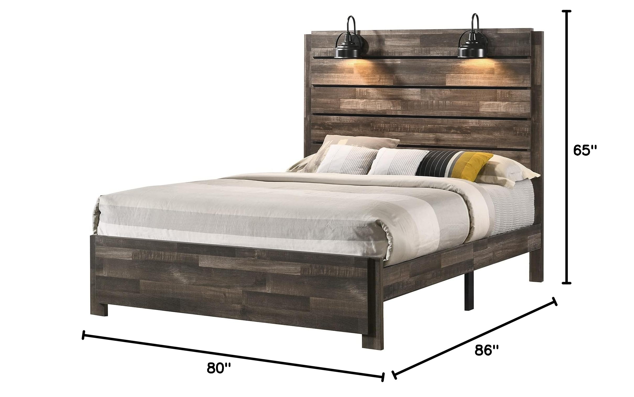 Contemporary Rustic Brown King Size Panel Bed with Built-in LED Headboard - Solid Wood Bedroom Furniture for Master Suite, Guest Room & Luxurious Home Decor