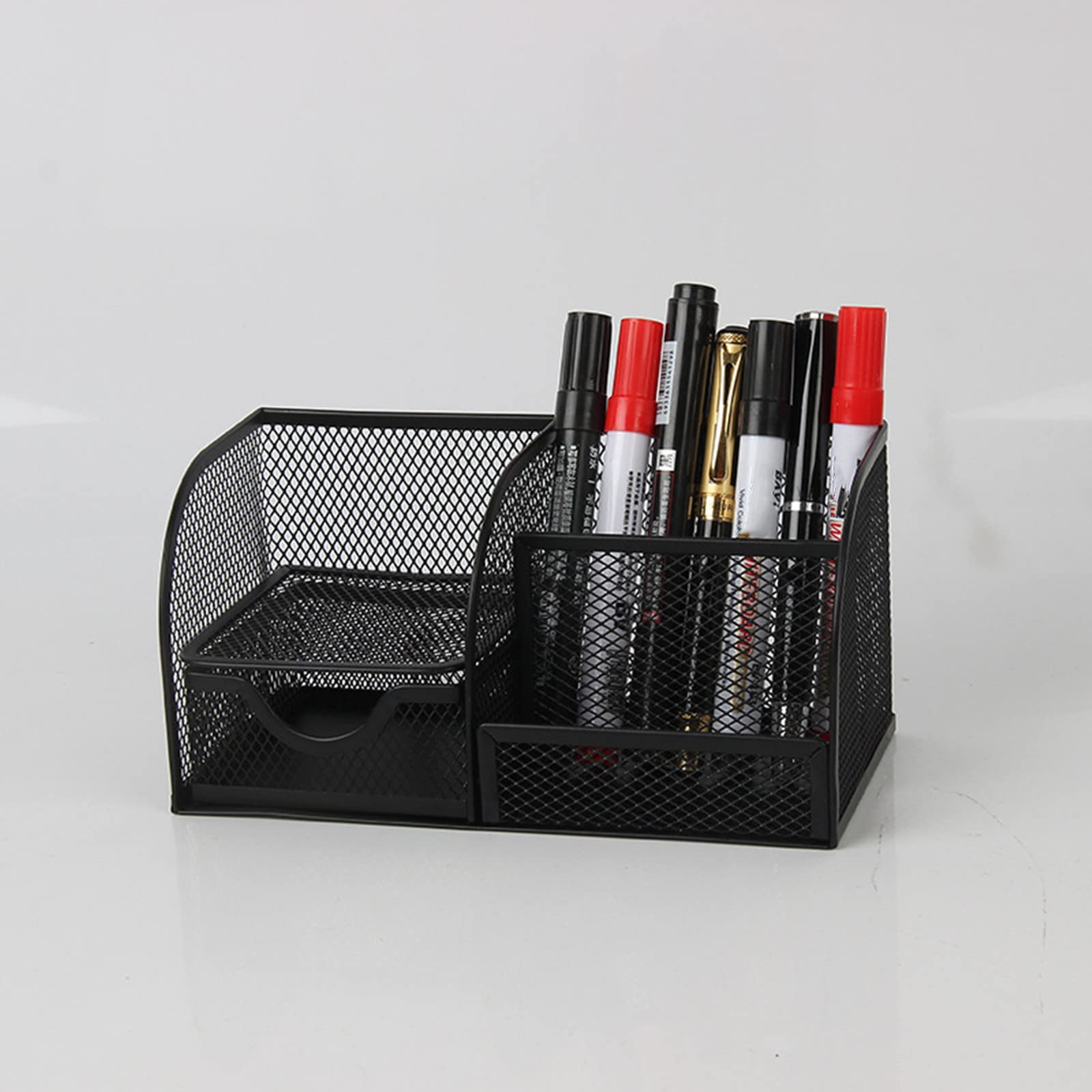Black Steel Mesh Desk Organizer with 4 Divided Compartments & Slide Drawer - Perfect for Office, Home, or School Organization