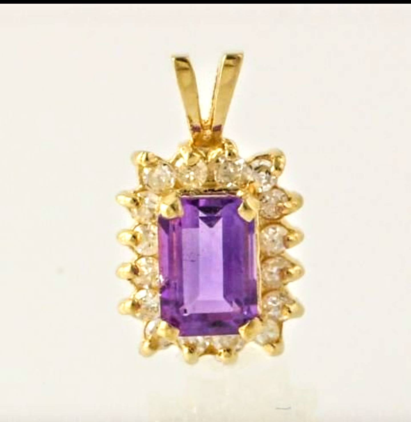 Solid Sterling Silver or Gold Natural Amethyst Halo Pendant Necklace with Chain | Cluster Accented White Topaz 6x4mm & 10x8mm Emerald Cut | Custom Made Jewelry for Gifts, Weddings & Special Occasions