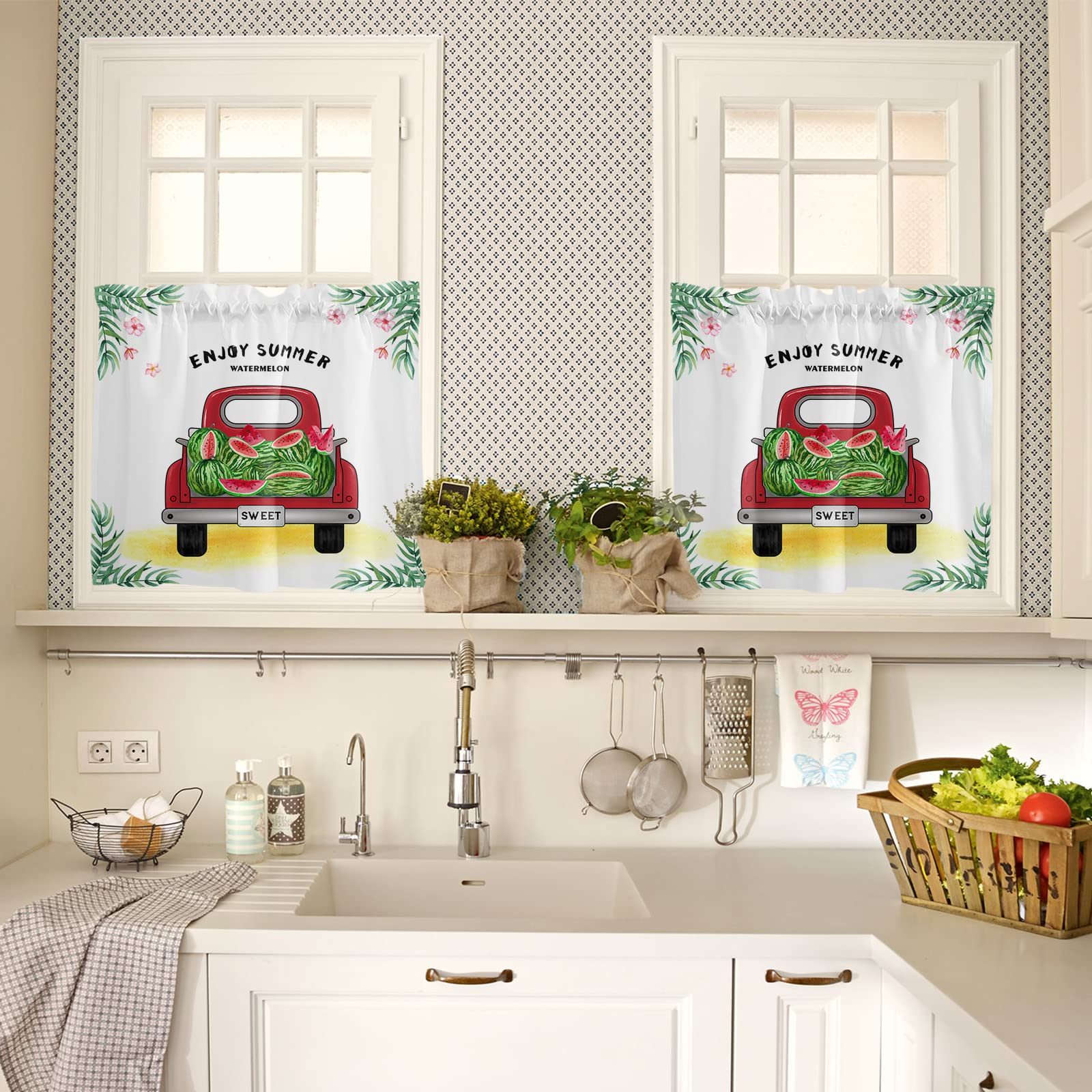 Red Truck with Watermelon Summer Kitchen Curtains Set - 24 Inch Tier Curtains & Tropical Leaf Valances for Windows, Living Room, Bedroom | Farmhouse Decor, Seasonal Home Accents