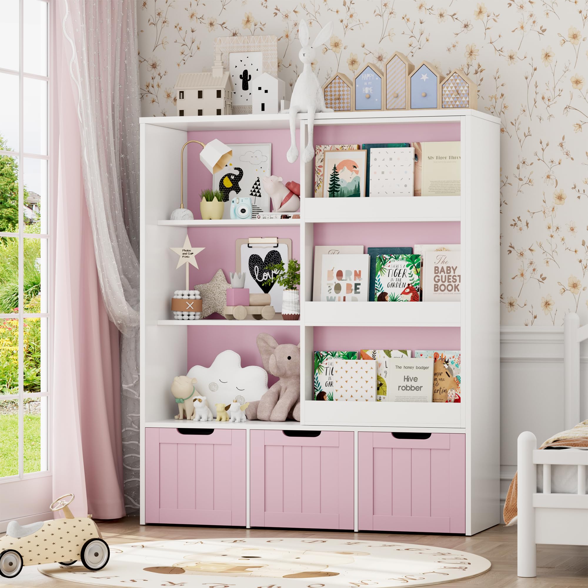 FOTOSOK Kids Toy Storage Organizer with Sliding Bookshelf - 3 Movable Drawers & 6 Storage Cubbies for Playroom, Bedroom, Nursery | Toy Organizer for Books, Toys, Games - Perfect for Playroom Organization & Kids Room Decor