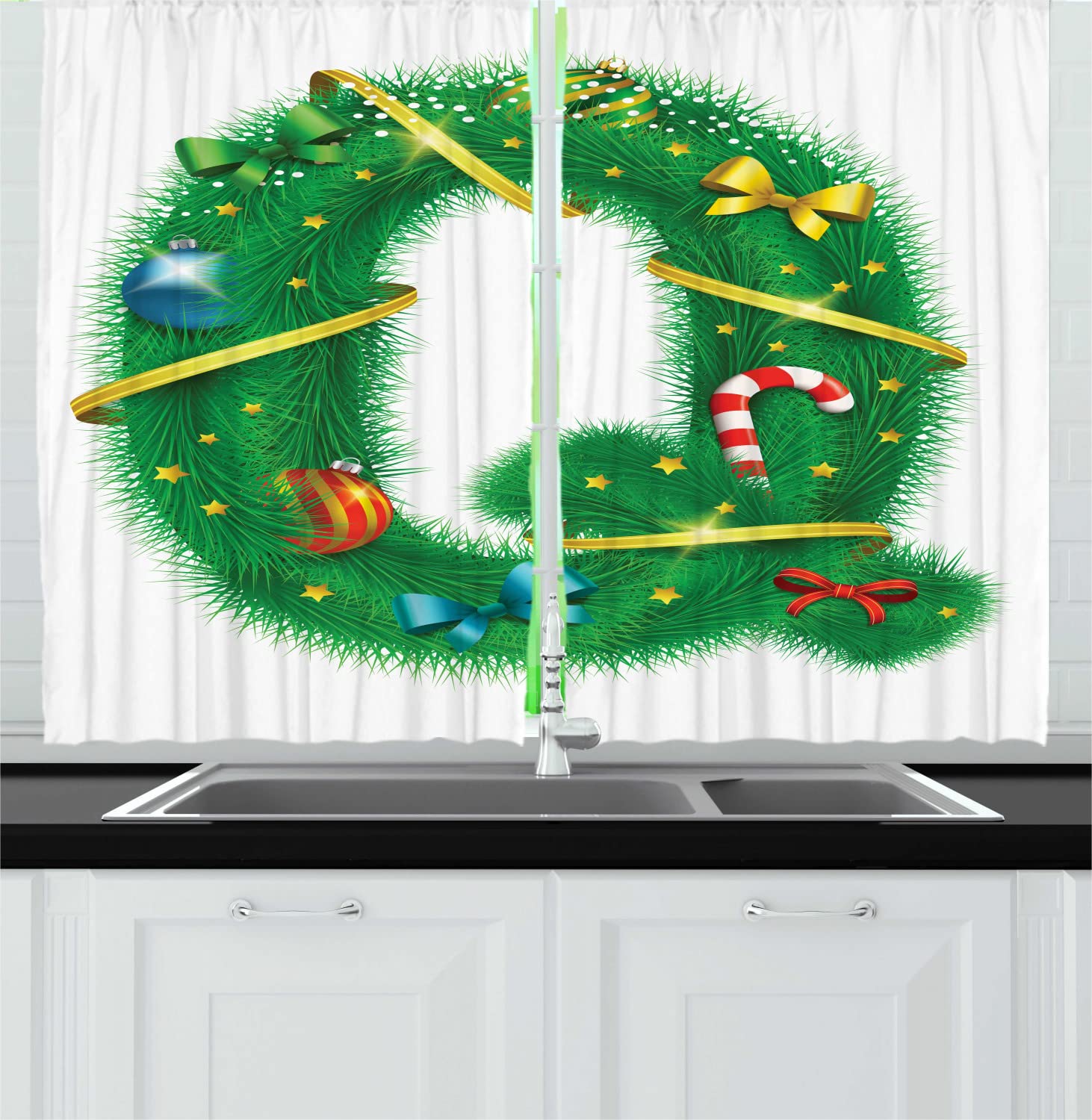 Ambesonne Christmas Alphabet Kitchen Curtains - Monogram Q Holiday Motif Print, White Green Vermilion, 55