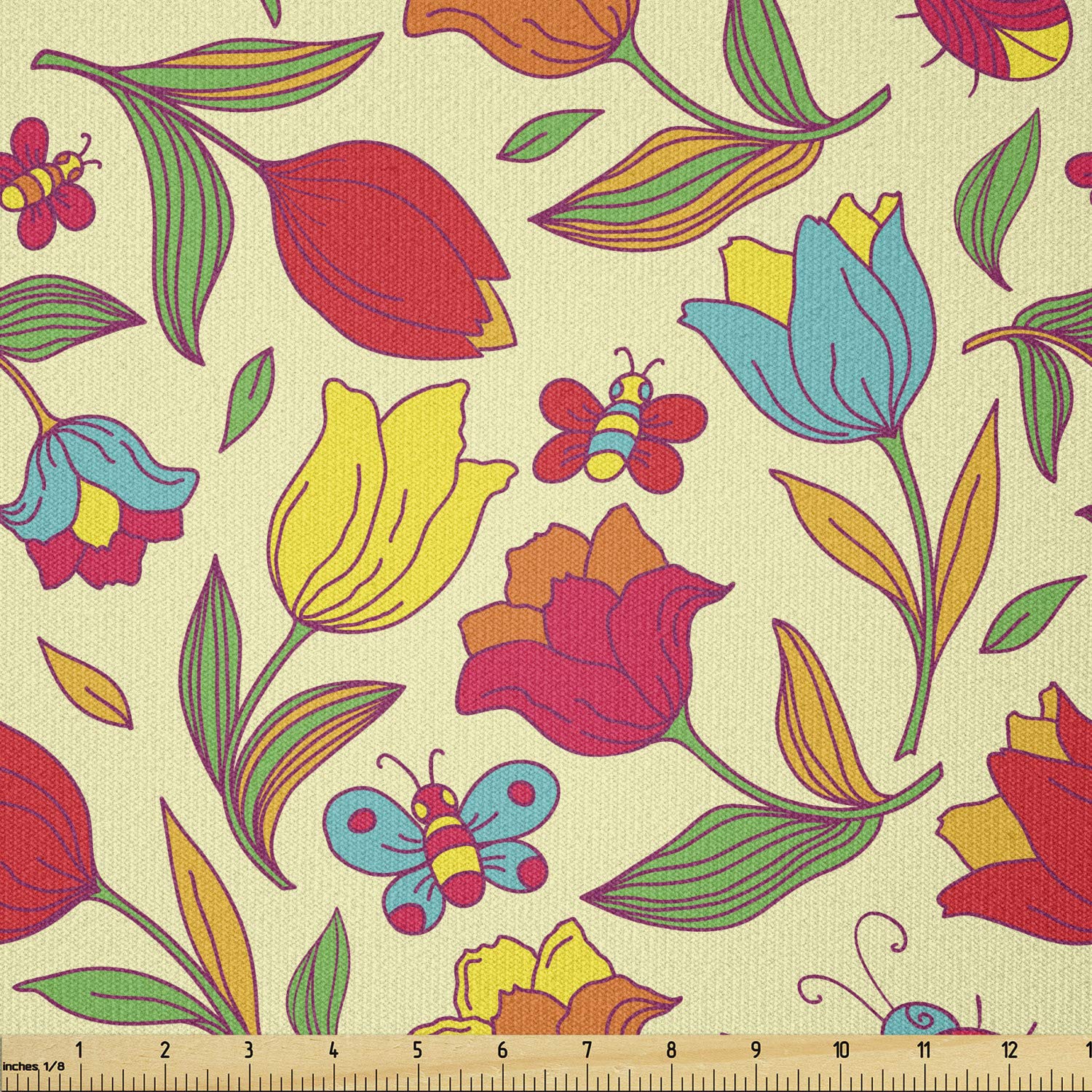 Ambesonne Floral Stretch Knit Fabric by The Yard - Colorful Retro Pattern with Butterflies, Bees & Tulips for Clothing, Sewing & DIY Crafts - 10 Yards Multicolor - Perfect for Summer Dresses, Home Decor & Art Projects