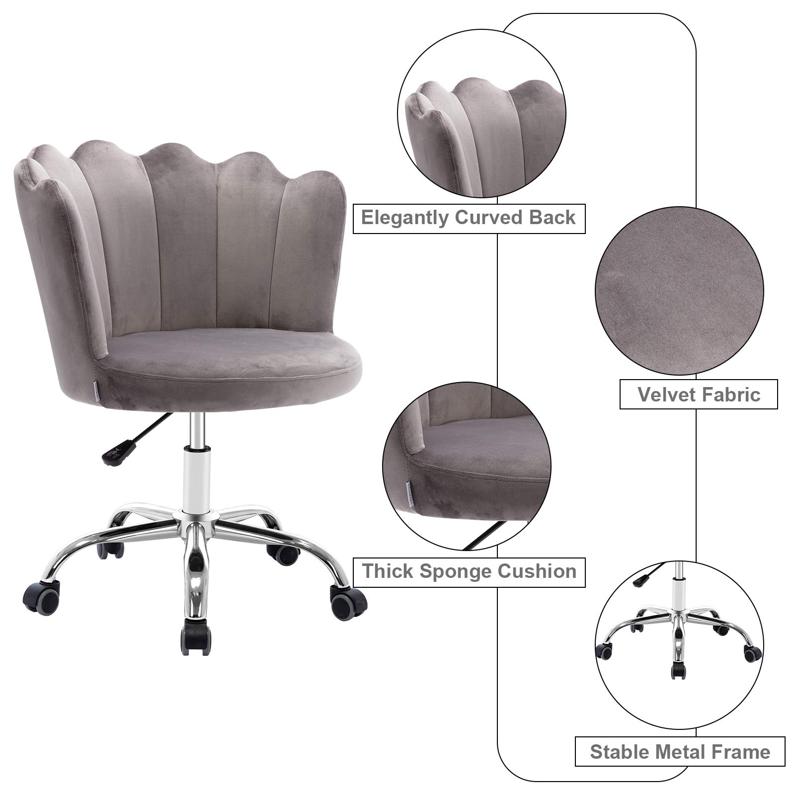Velvet Desk Chair with Wheels - Modern Swivel Height Adjustable Office Chair, Upholstered Task Chair for Home Office, Living Room, Study & Vanity (Gray) - Perfect for Work, Gaming & Relaxation