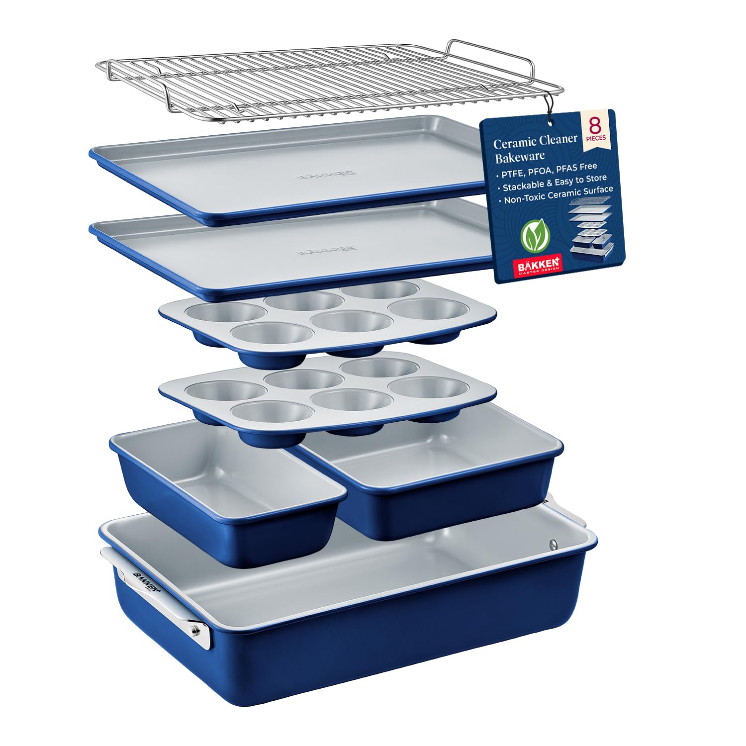Bakken 8-Piece Non-Toxic Ceramic Bakeware Set - Stackable Oven-Safe Baking Sheets & Pans with Cooling Rack - PTFE/PFOA/PFOS-Free, Ergonomic Handles - Perfect for Cookies, Cakes, Roasting & Healthy Family Meals