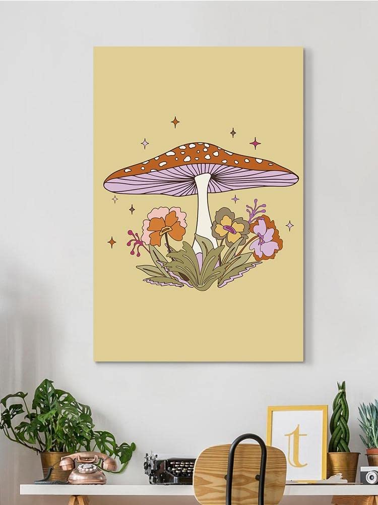 Mushroom Flowers Wrapped Canvas Wall Art - Botanical Nature Decor for Living Room, Bedroom & Office - Ready to Hang Framed Print