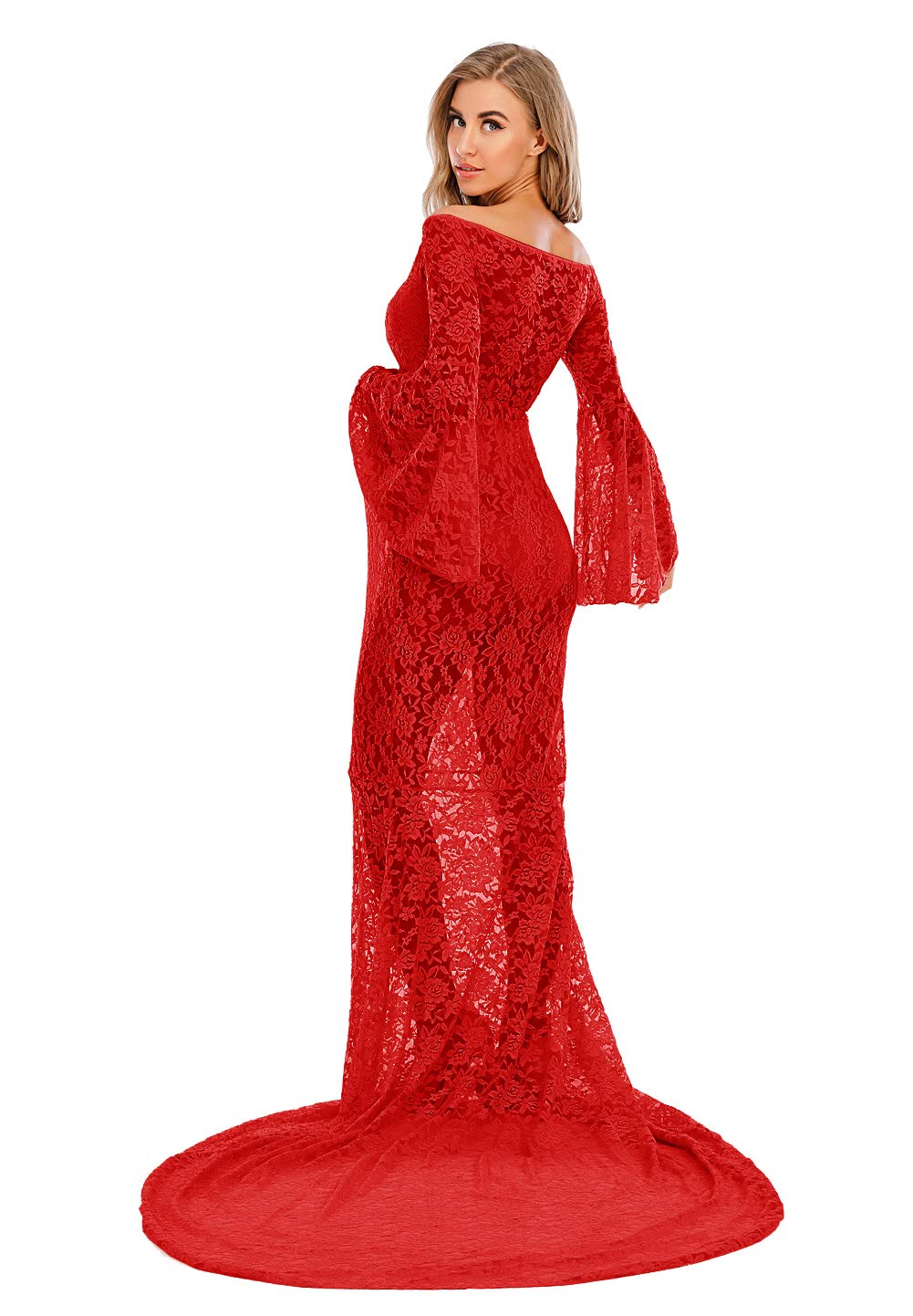ZIUMUDY Flared Sleeve Lace Maternity Maxi Dress - Off Shoulder See-Through Sexy Pregnancy Gown for Photoshoot, Baby Shower & Special Occasions
