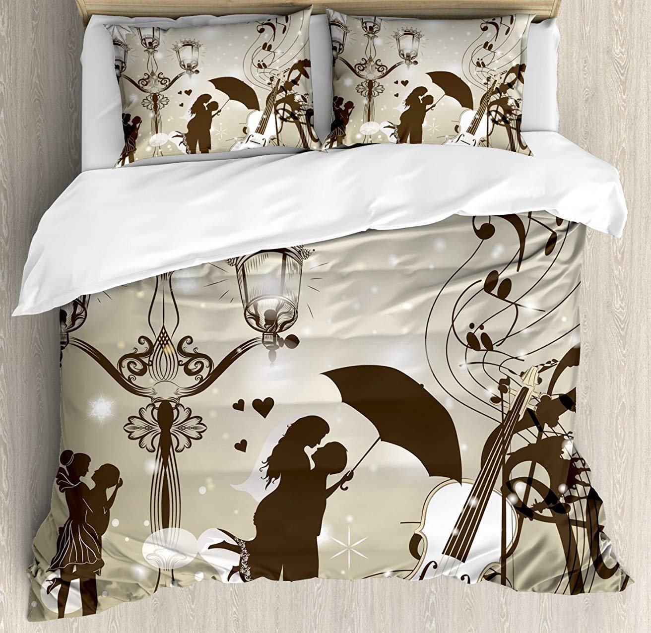 Romantic 3-Piece Queen Size Bedding Set - Soft Comforter Duvet Cover with 2 Decorative Pillowcases for Kids, Teens & Adults | Perfect for Valentine's Day, Anniversary Gifts & Cozy Bedroom Decor (Kissing Couples Street Lanterns Design)