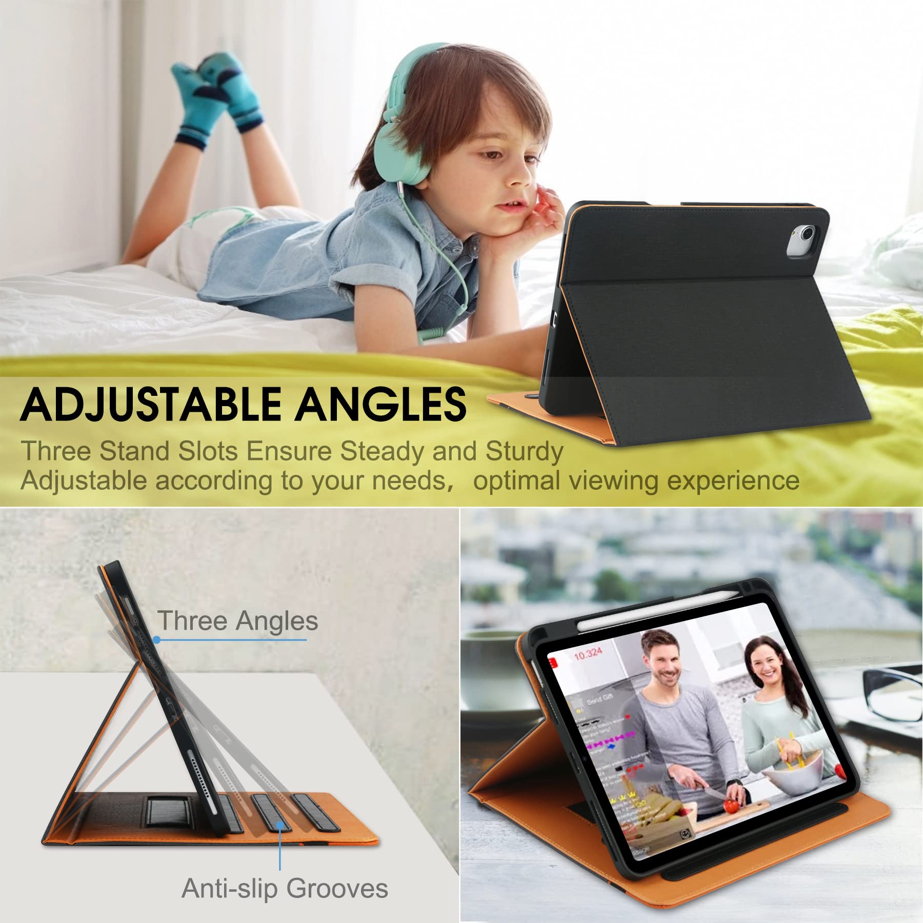 Premium iPad Air 5th/4th Gen Case (2022/2020) - 10.9 Inch Protective Cover with Built-in Apple Pencil Holder, Hand Strap & Auto Sleep/Wake | Multi-Angle Stand for Work, Study & Travel | Black/Brown Options