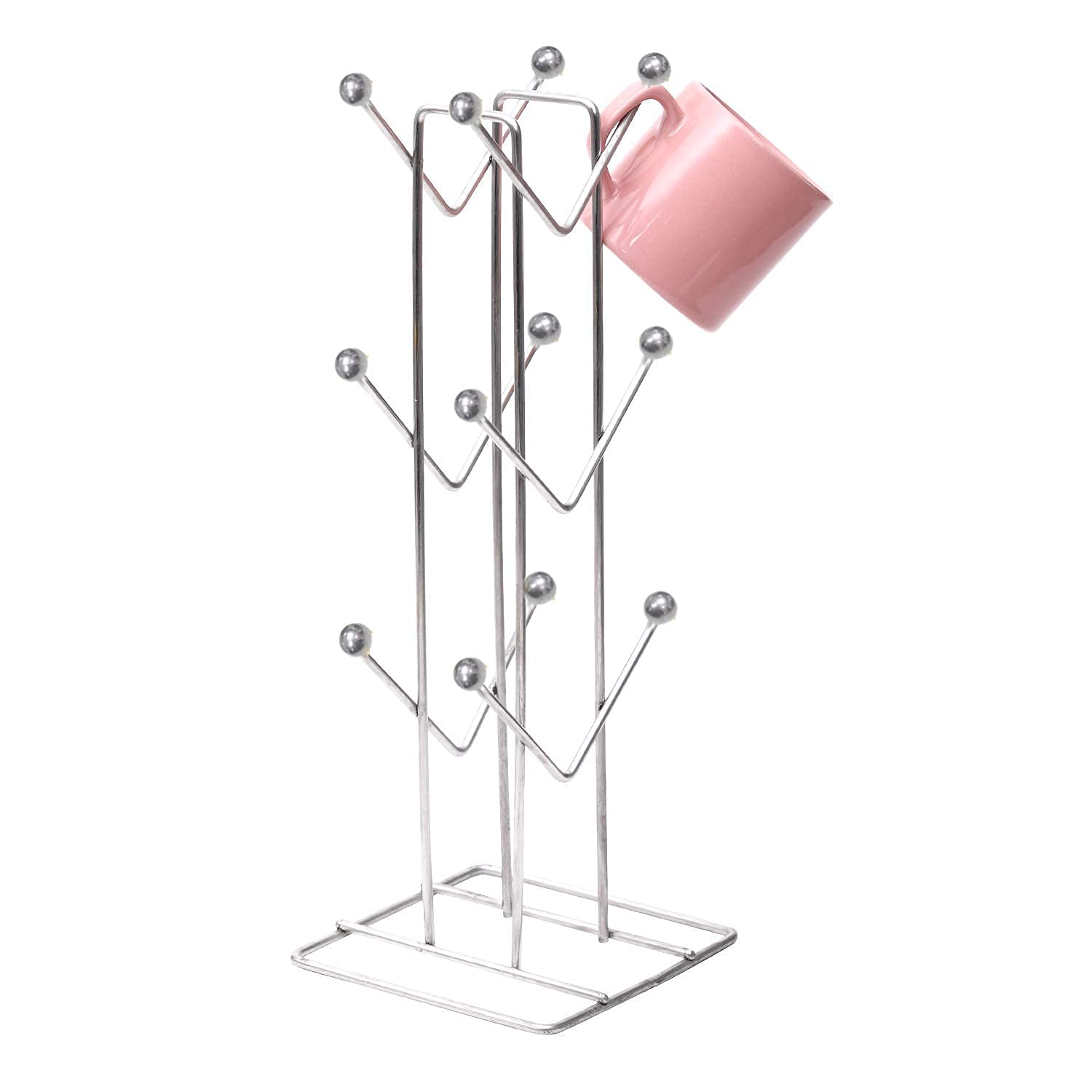 NH10 DESIGNS Large Stainless Steel Cup Holder - 12-Slot Tabletop Mug Stand for Coffee & Tea (Silver) | Perfect for Kitchens, Offices, and Cafés