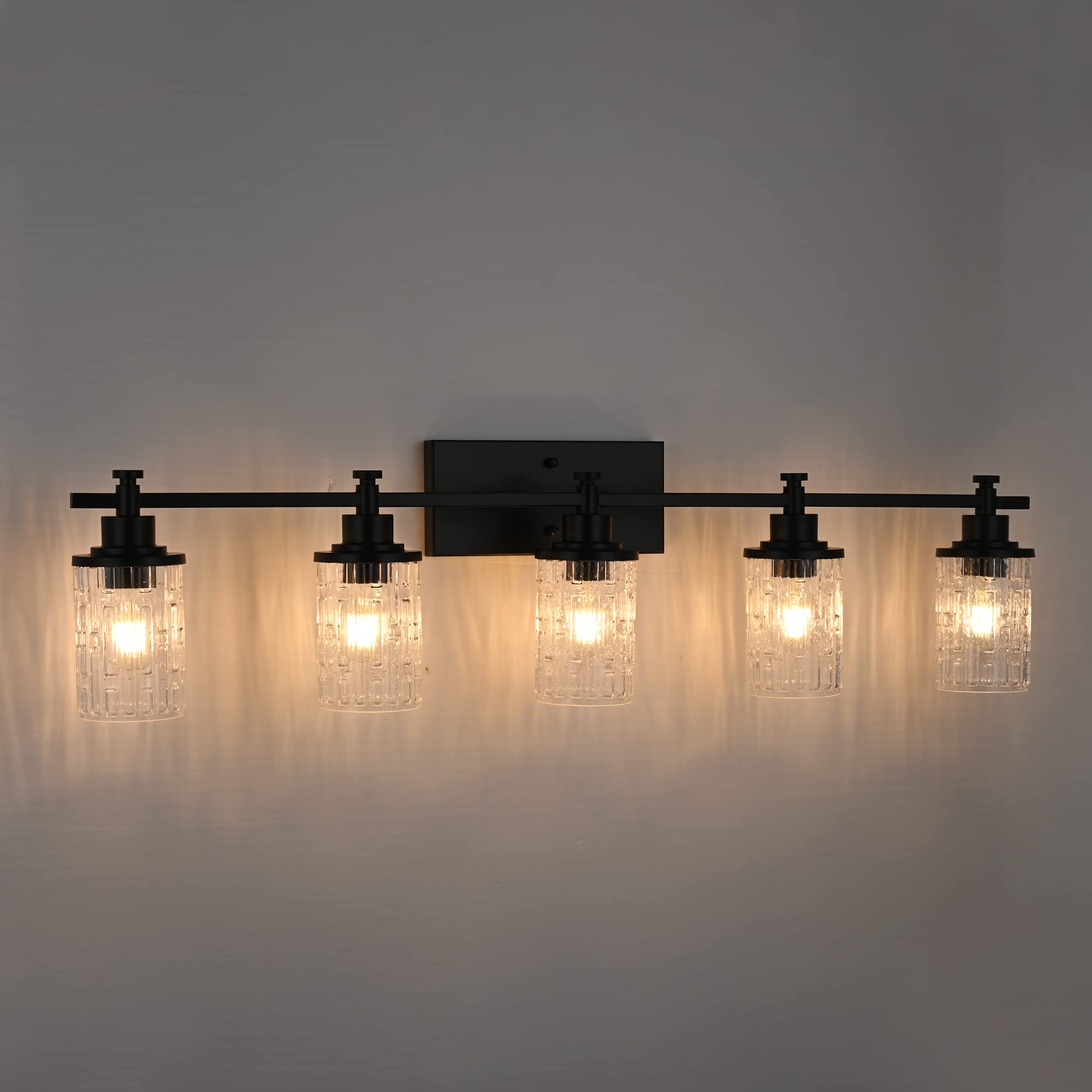 **MELUCEE 5-Light Modern Bathroom Vanity Light Fixture - Matte Black with Clear Grid Glass Shade, Wall Mounted Lighting for Bathroom, Bedroom & Powder Room (40.2 Inches) - Perfect for Modern Home Décor & Spa-Like Ambiance**