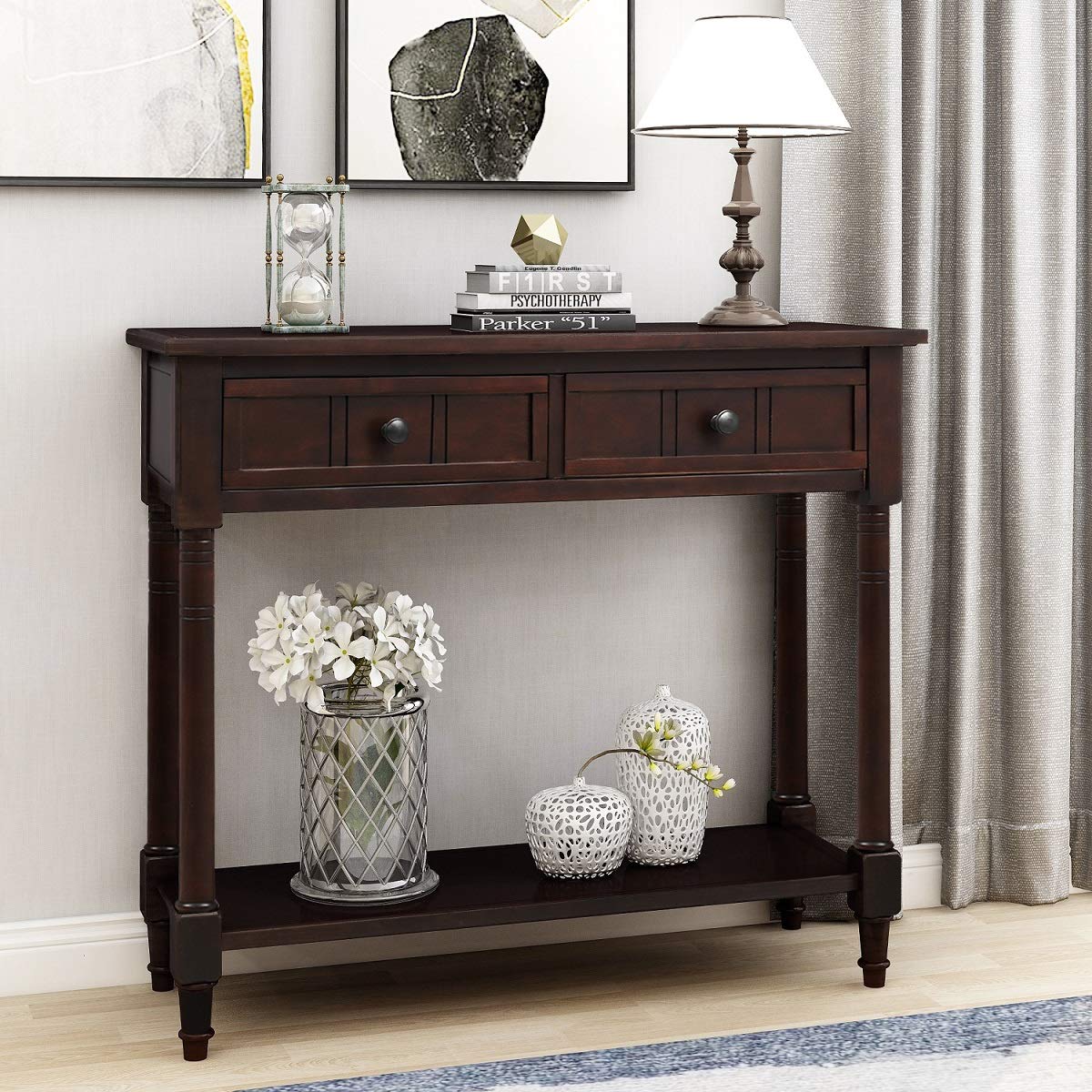 Rhomtree Classic Wood Console Table with 2 Storage Drawers & Bottom Shelf - Sofa Table, End Table, Hallway Entryway Furniture for Living Room, Bookshelf (Espresso) - Perfect for Small Spaces, Home Decor & Storage Solutions