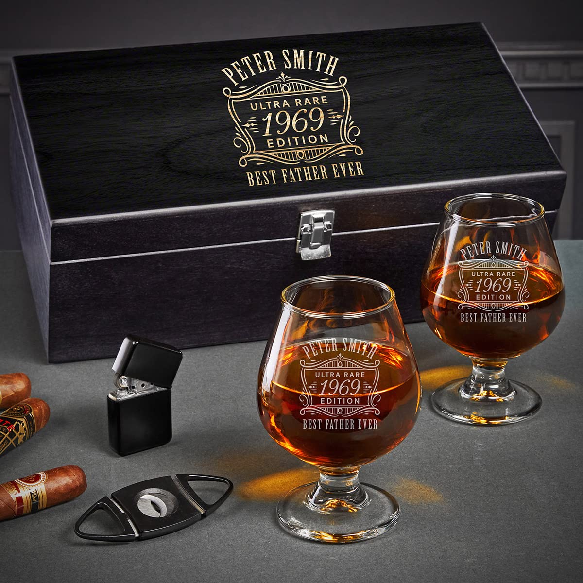 Premium Custom Cognac Gift Set in Elegant Ebony Wood Box - Perfect for Anniversary, Birthday & Corporate Gifts - Luxury Alcohol Presentation Set for Men