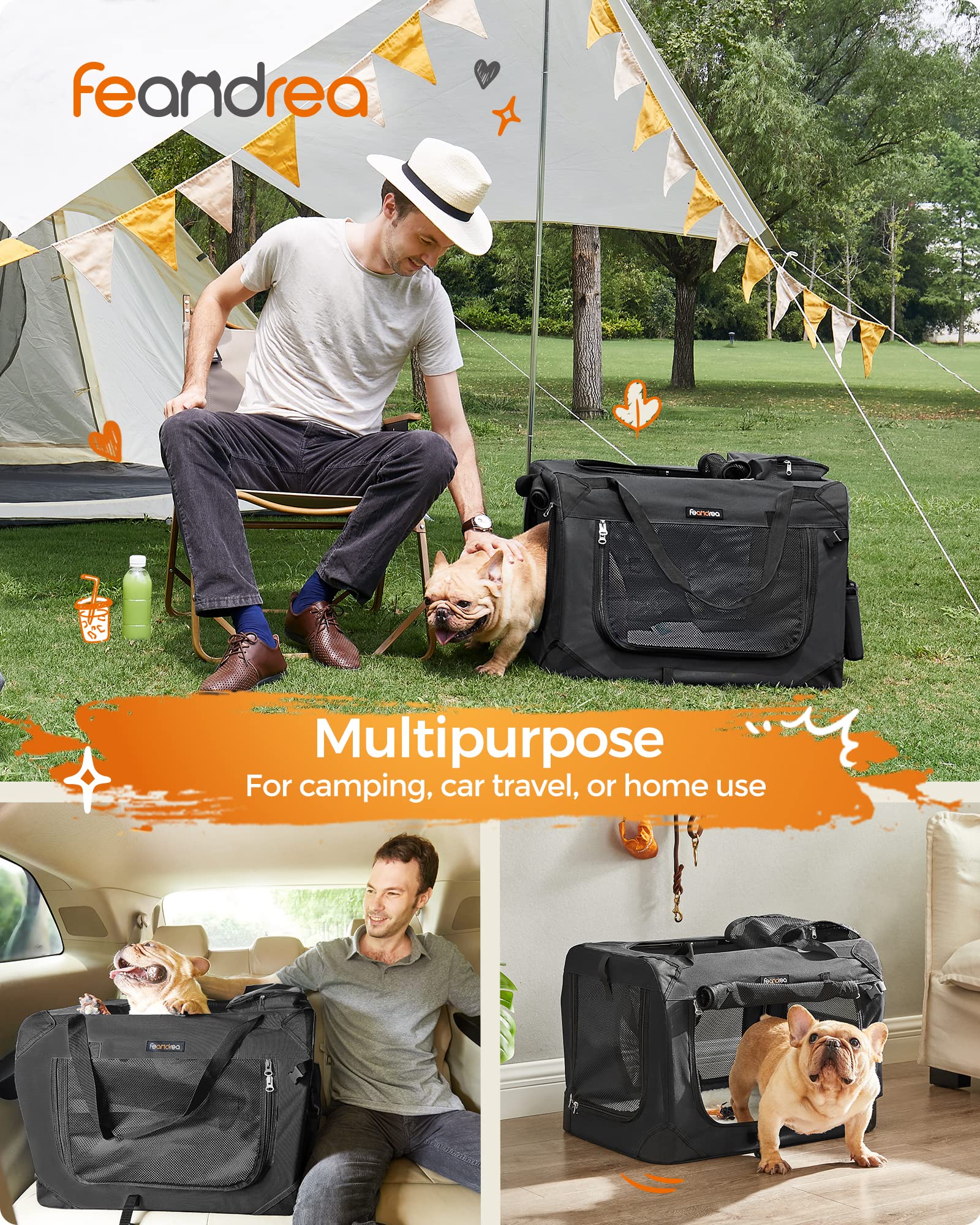 Feandrea 24 Inch Foldable Soft Dog Crate - Portable Pet Carrier for Small to Medium Dogs | Indoor & Outdoor Use with Safety Zippers | Perfect for Travel, Camping, Car Rides & Home Living Room (Black, UPDC60H)