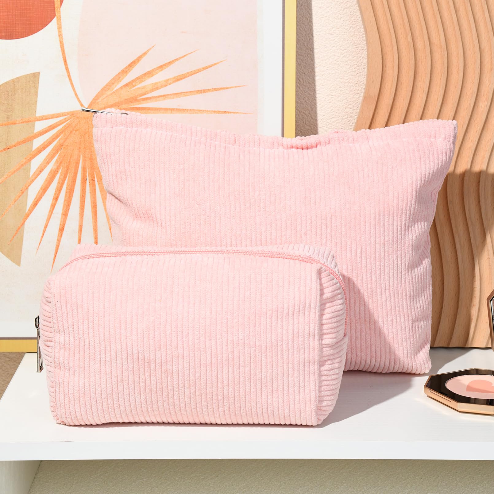2 Pack Large Corduroy Makeup Bags for Women - Waterproof Travel Cosmetic Organizer with Multiple Pockets, Cute Aesthetic Design for Brushes, Toiletries & Accessories - Perfect for Travel, Gym, and Daily Storage