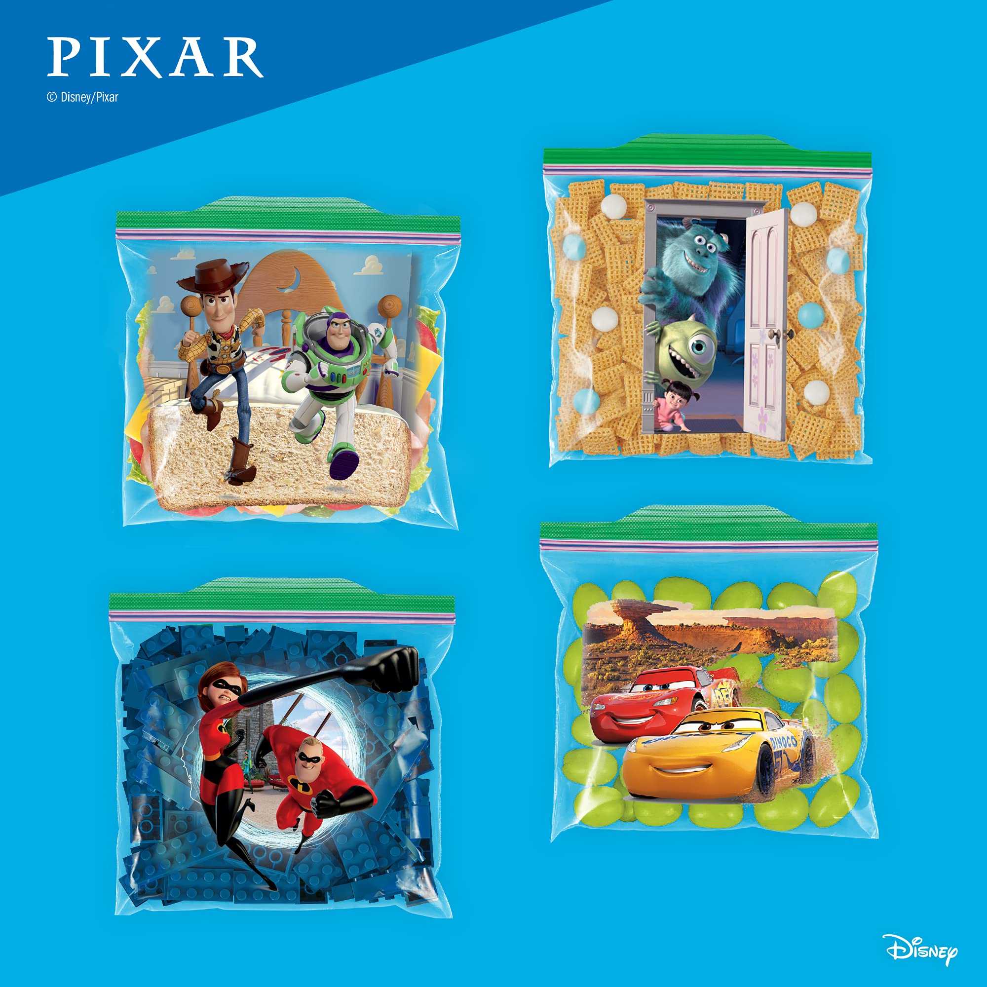 Pixar Themed Ziploc Sandwich Bags - 66 Count Plastic Storage Bags with Grip 'N Seal Technology for Lunches, Snacks & Food Storage - Perfect for School, Work & Picnics