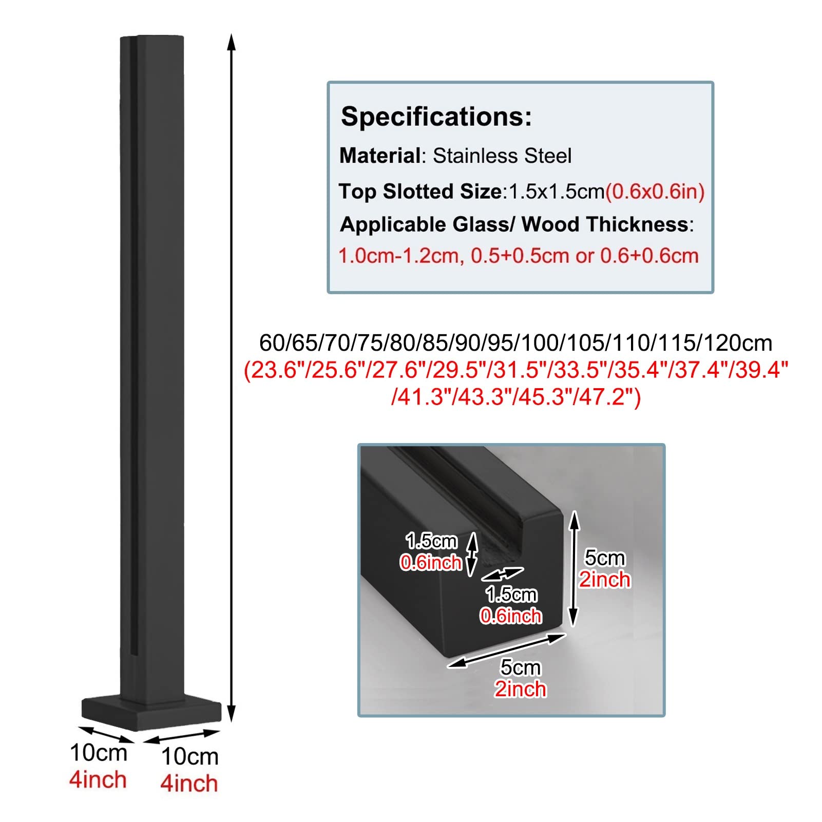 Heavy Duty Black Square Glass Railing Posts with Screws - MBROS Balcony Deck Stair Glass Balustrade Post for Patio, Loft, Platform & Garden - Perfect for Modern Outdoor Railings, Staircase Safety & Decorative Balcony Fencing