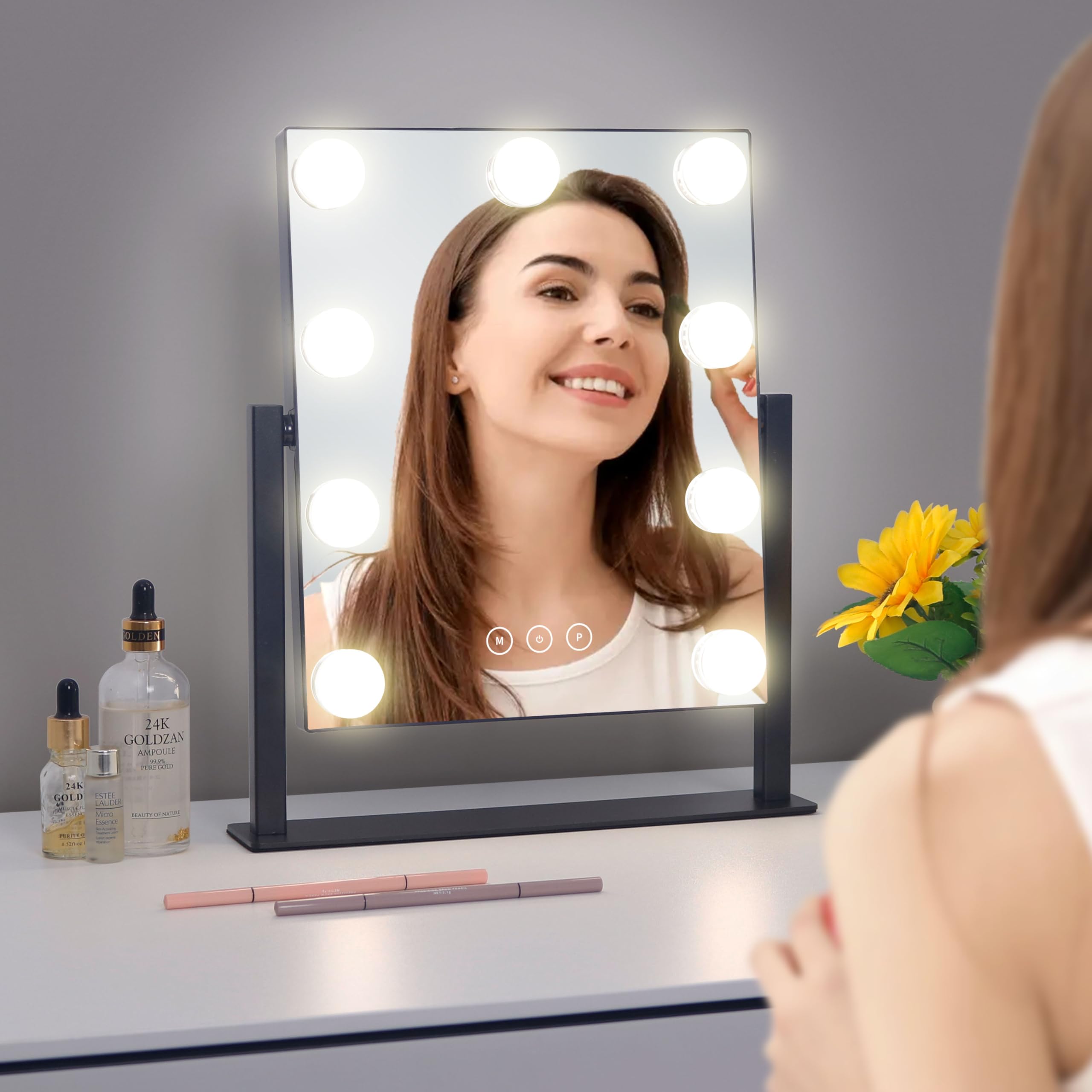 Hollywood Vanity Mirror with Lights - 9 Dimmable LED Bulbs, 3 Color Modes, 10X Magnification & 360° Rotation - Perfect for Makeup, Skincare & Hair Styling at Home
