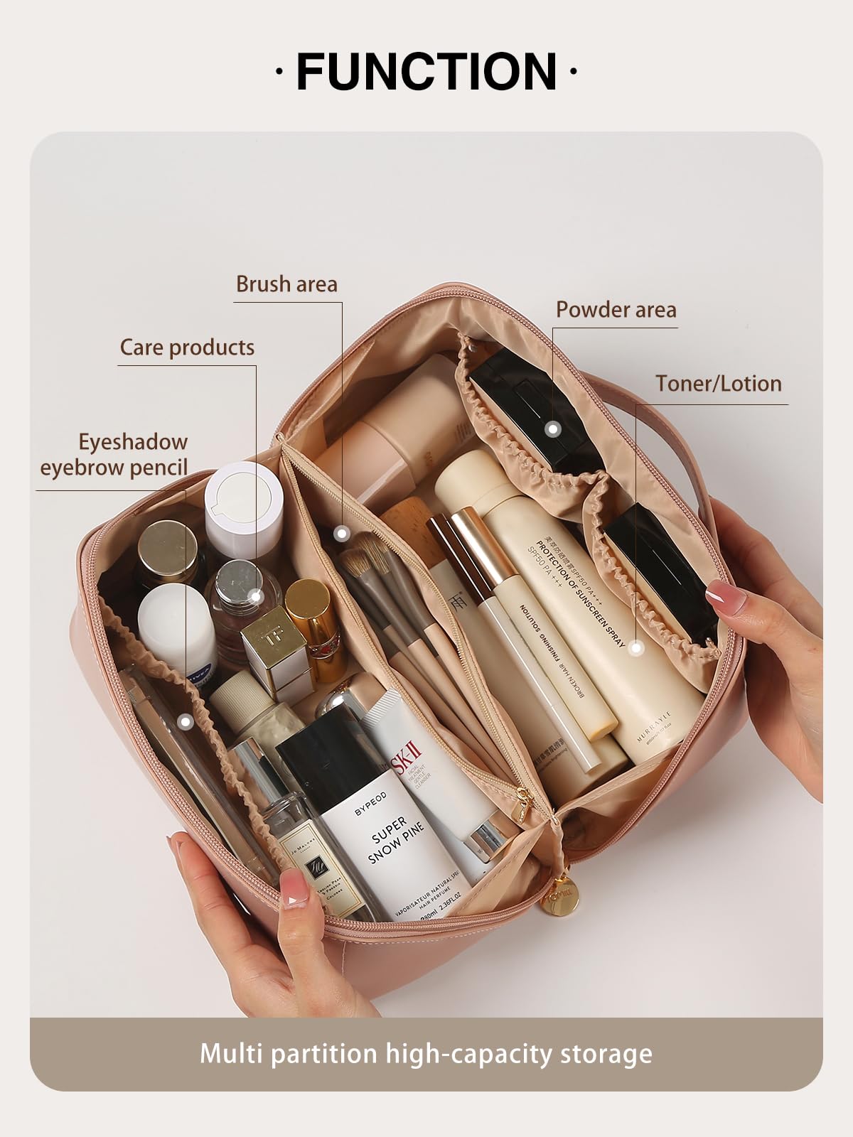 TOMILL Large Leather Makeup Bag for Women - Waterproof Travel Cosmetic Organizer (9.5x5.2x5.2 inches) - Perfect for Toiletries, Cosmetics & Accessories | Portable Wide-Open Design | Ideal for Travel, Gym & Daily Use | A-Pink Sweetness Collection
