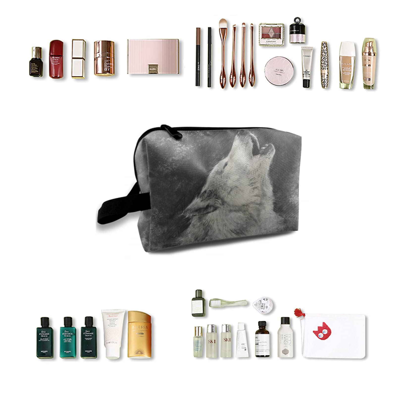 Howling Wolf Print Large Cosmetic Bag - Travel Makeup Organizer with Zipper & Handle Strap - Portable Toiletry Pouch for Women | Perfect for Travel, Gym, Beach & Everyday Use