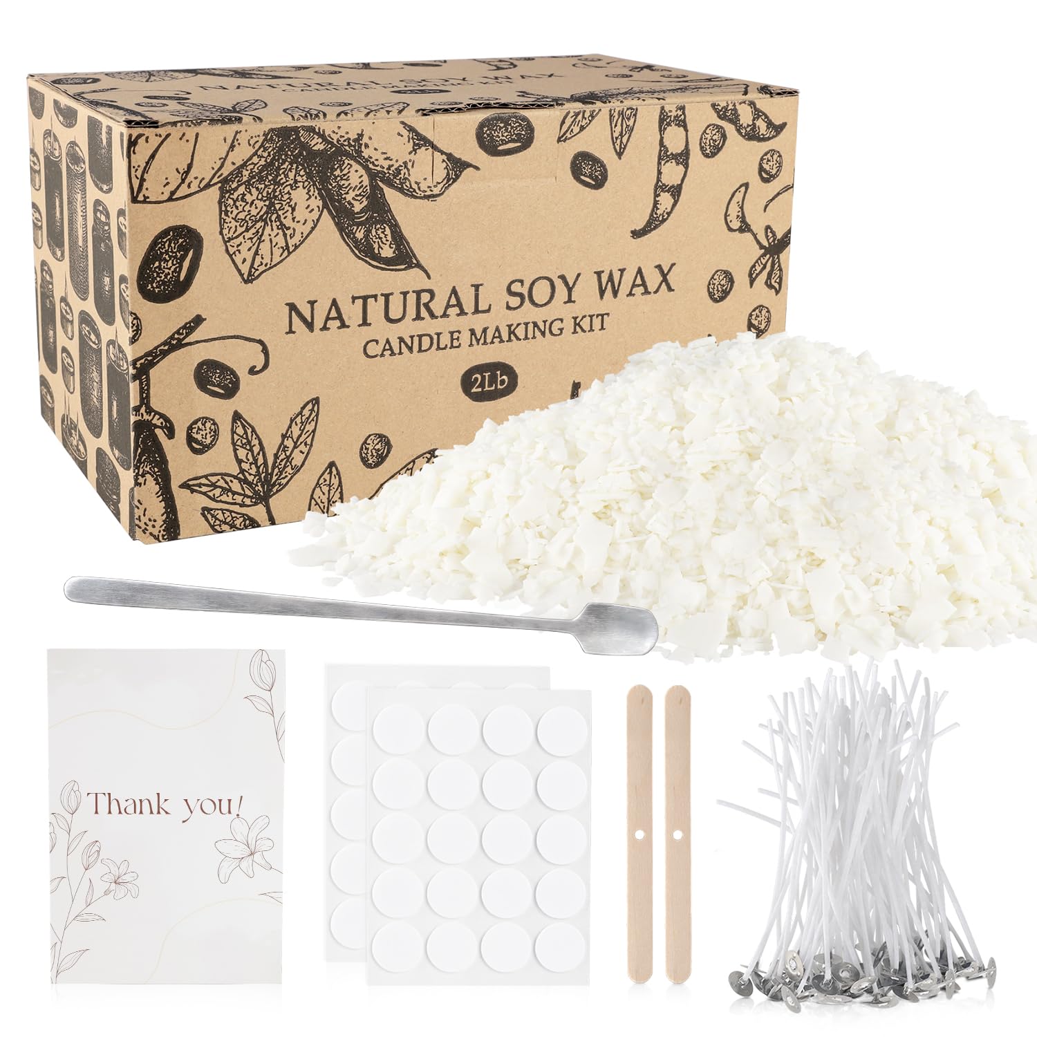Premium DIY Candle Making Kit with 2LB Natural Soy Wax Flakes, 100 Cotton Wicks & 2 Wooden Wick Holders - Perfect for Home Crafts, Gifts & Aromatherapy Relaxation