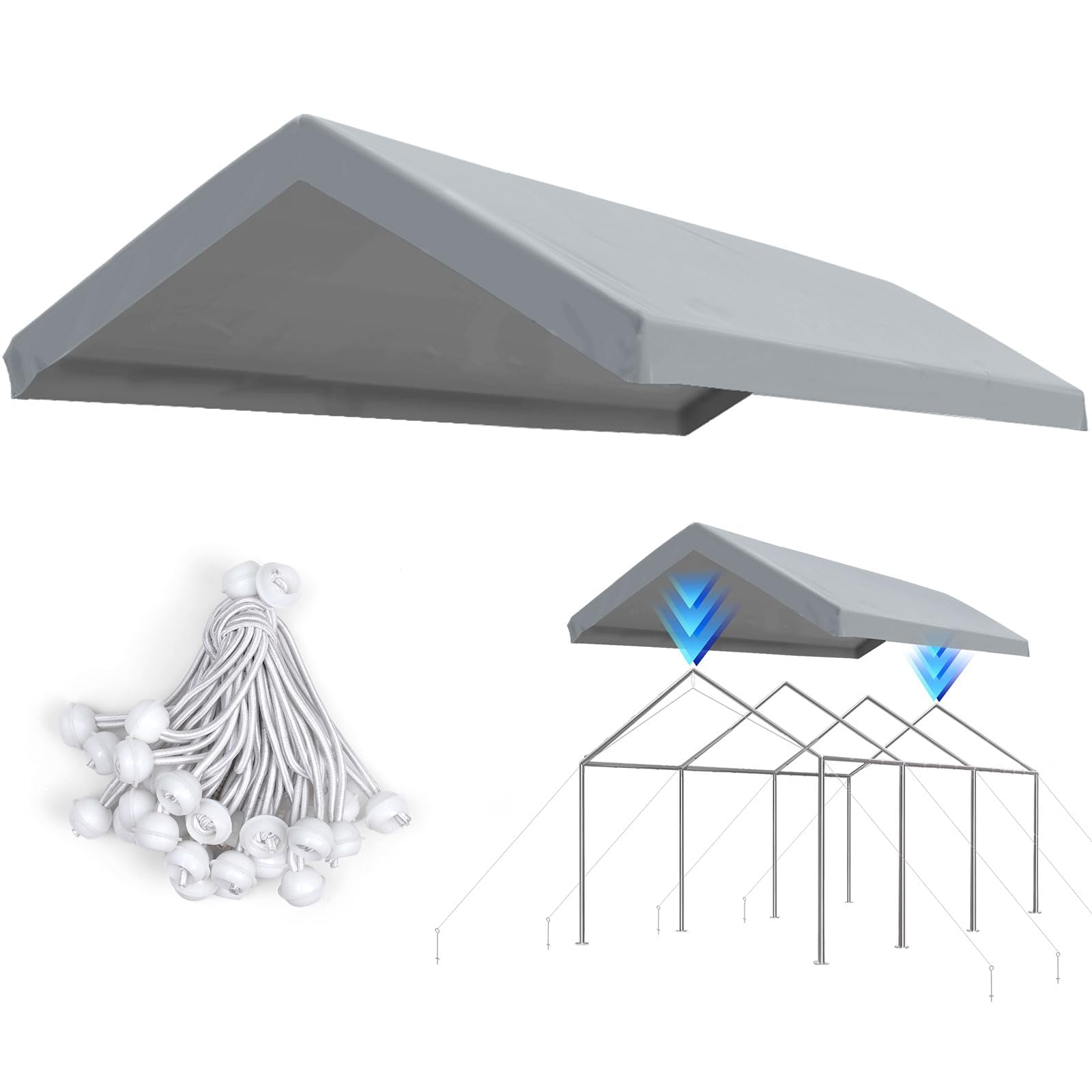 ADVANCE OUTDOOR 10x20 ft Replacement Top Cover Tarp for Carport Canopy with Ball Bungees - Gray Waterproof Roof Cover - Perfect for Outdoor Storage, Vehicle Shelter & Backyard Protection