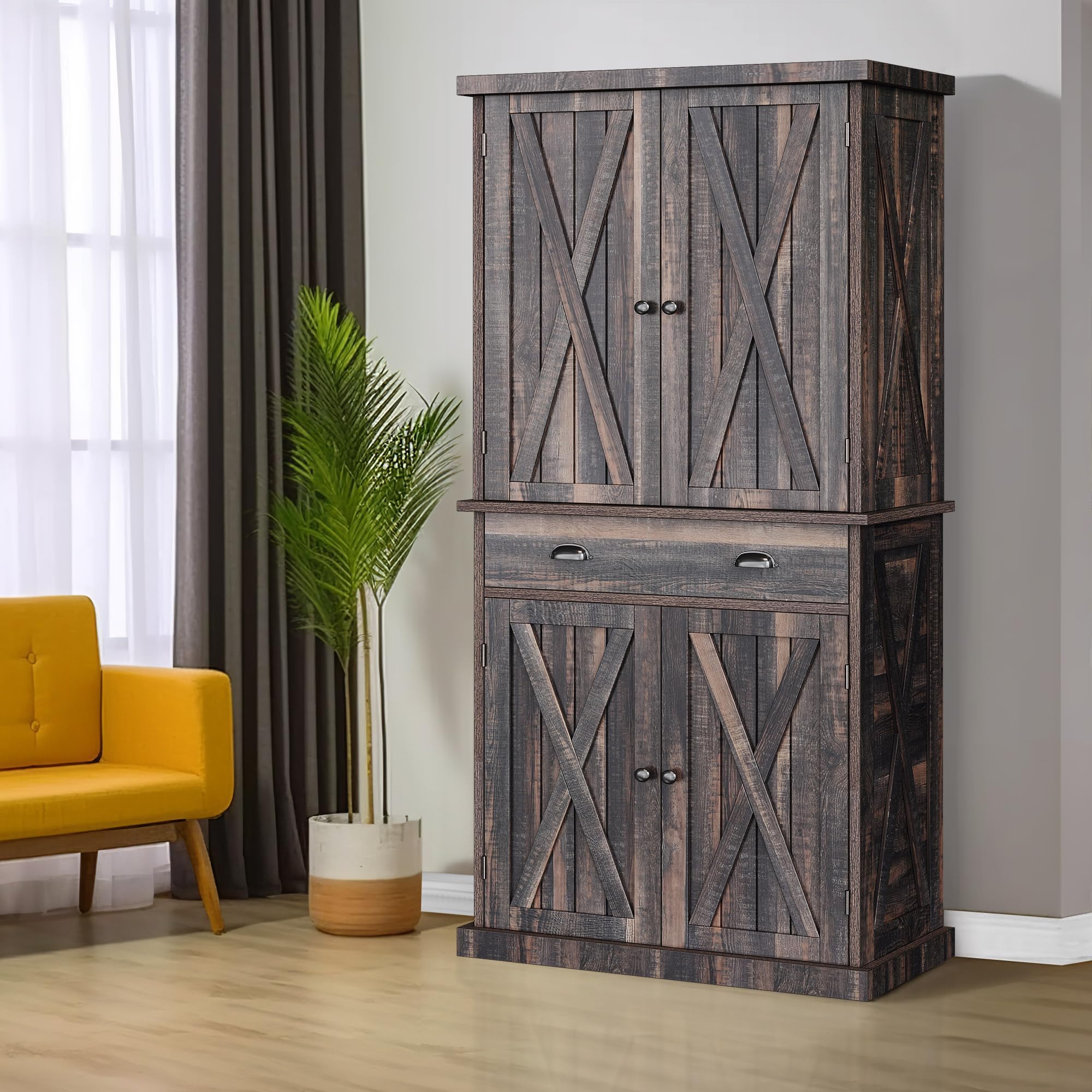 YITAHOME 72'' Farmhouse Kitchen Pantry with Drawer & Adjustable Shelves, Dark Rustic Oak Wood Storage Cabinet for Kitchen, Dining Room, Living Room, Perfect for Organizing Dishes, Food, and Home Decor