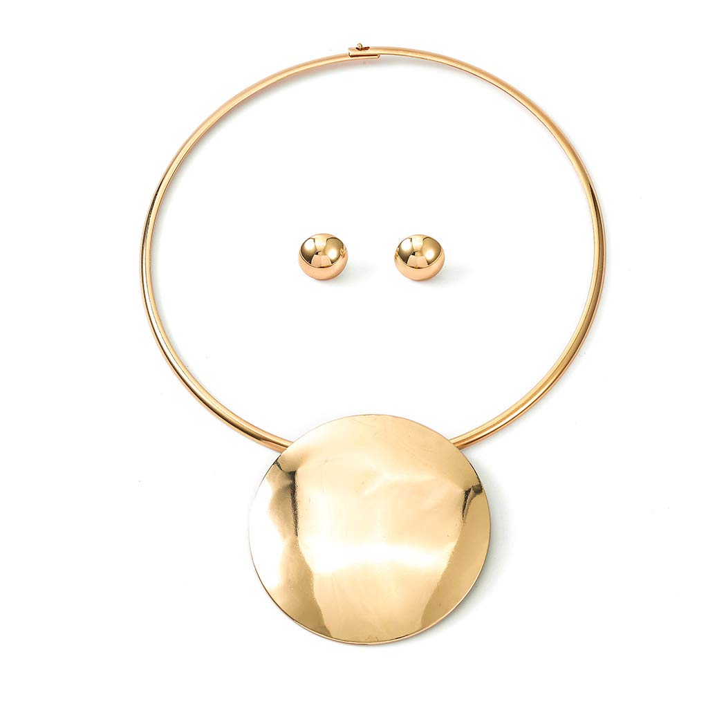 Fashion Gold Plated Statement Choker Earrings Set for Women - Round Pendant Necklace & Earrings - Nigerian Costume Party Jewelry - Perfect for Weddings, Bridal Accessories, and Girls' Special Occasions