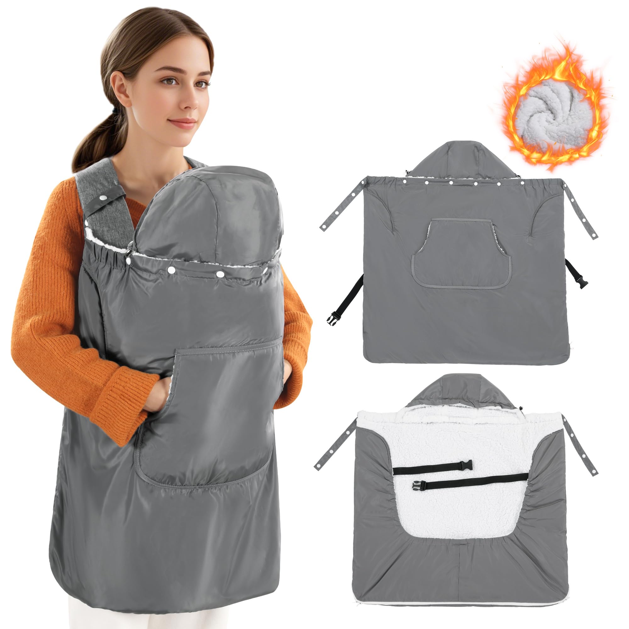 ROYALAY Waterproof Baby Carrier Cover with Detachable Hood & Large Pockets - Sherpa Thickened Infant Carrier Blanket - Universal Car Seat Cover for Strollers & Baby Waist Stool - Perfect for Outdoor Walks, Shopping & Travel