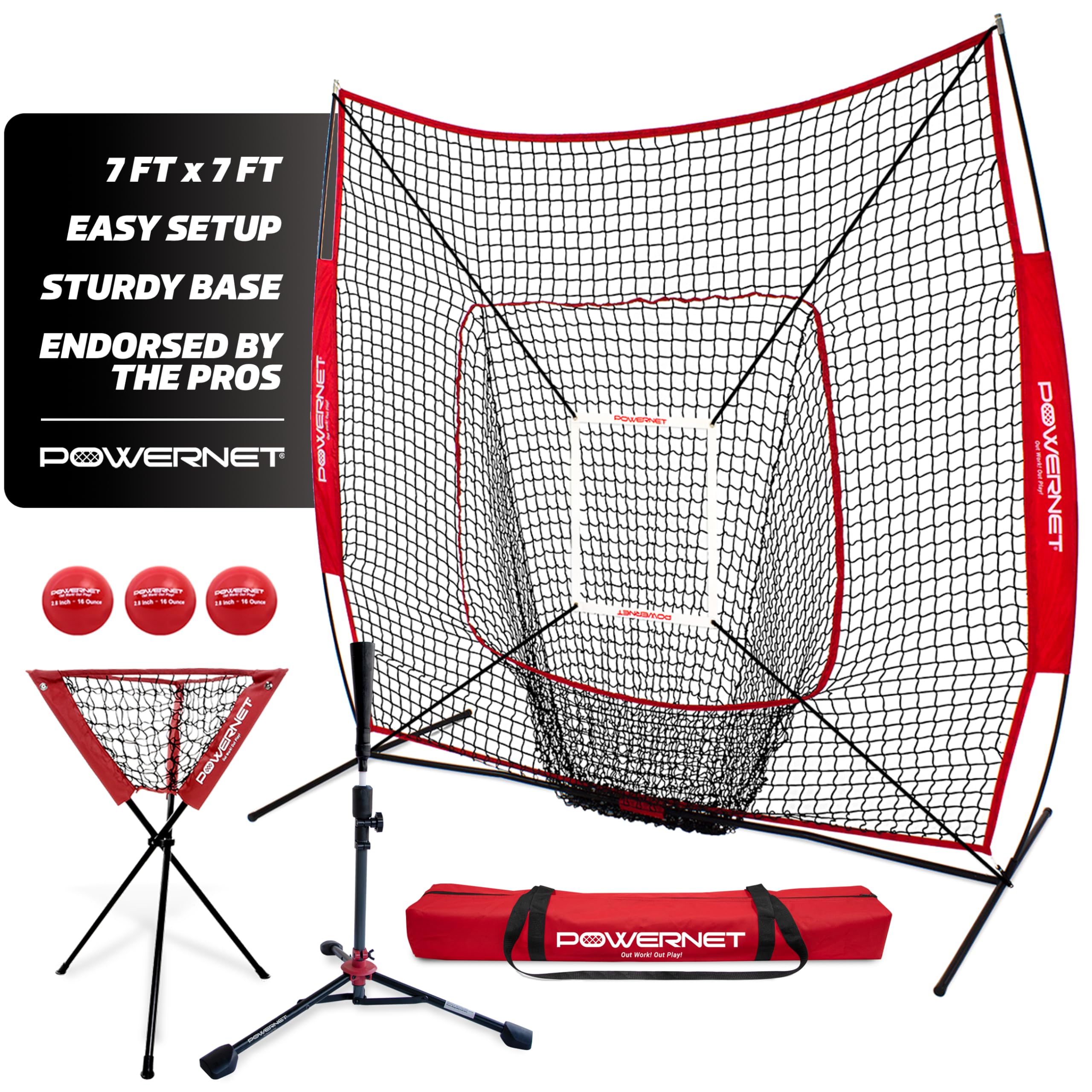 PowerNet 7x7 Baseball & Softball Training Net with Pitching, Batting & Fielding Accessories - Includes Ball Caddy, Weighted Baseballs & Tee for Backyard Practice, Team Drills & Solo Training