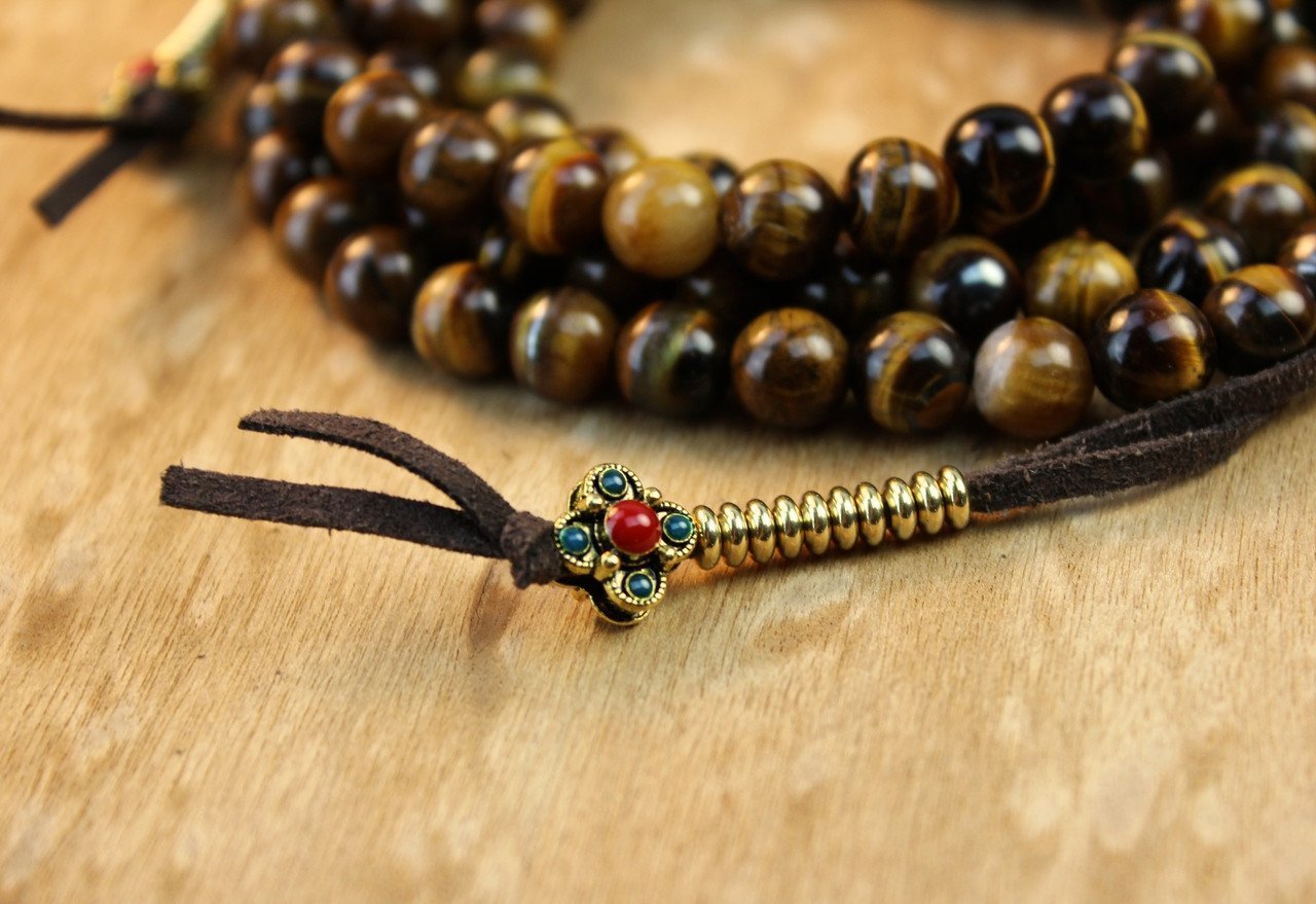 Authentic Tiger Eye Mala Beads with Jeweled Counters - Meditation Prayer Necklace for Stress Relief & Spiritual Healing | Yoga, Mindfulness & Chakra Balancing Accessory