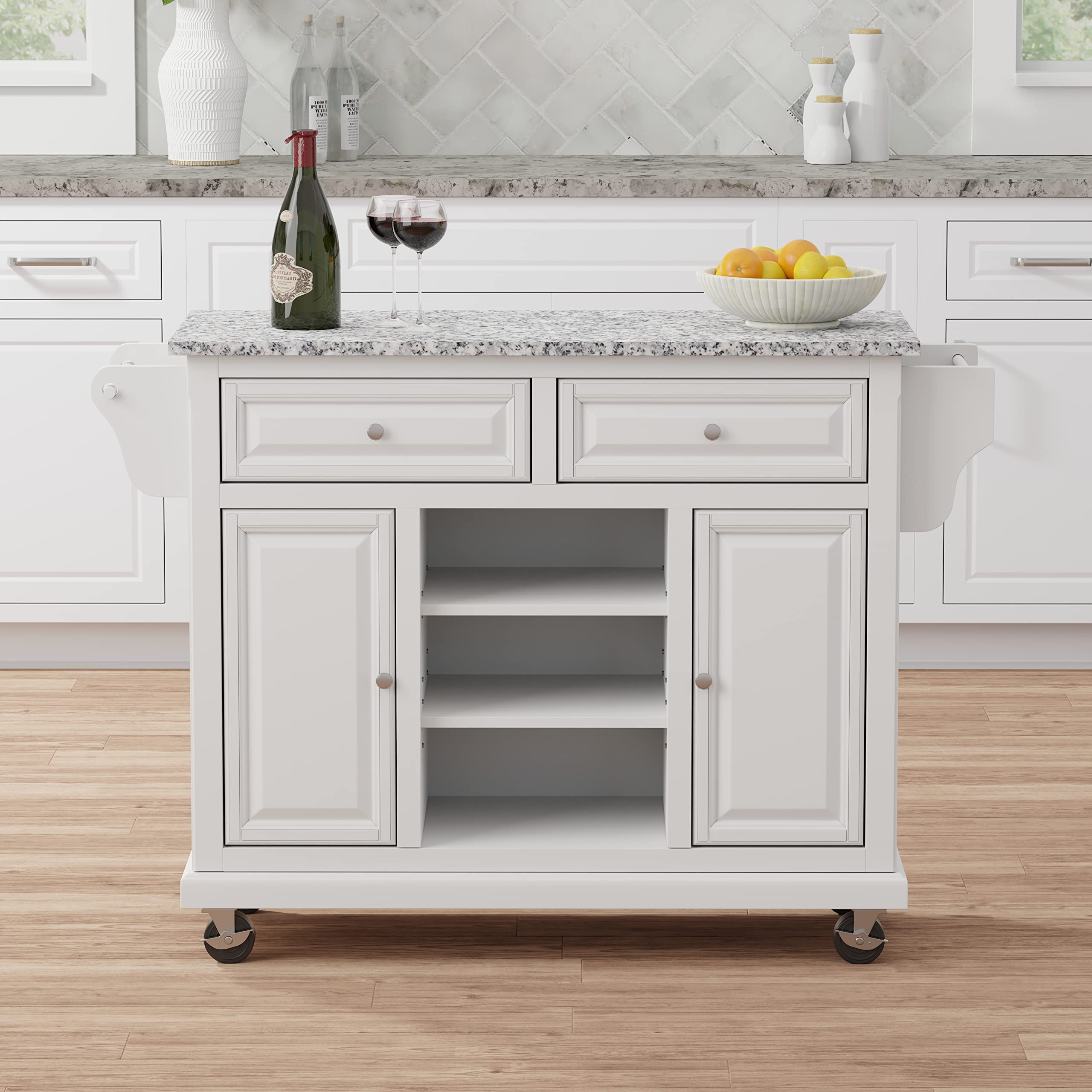 Glenwillow Antique White Kitchen Cart with Grey Granite Top - Mobile Kitchen Island with Storage for Small Spaces, Perfect for Dining Room, Apartment or RV Use