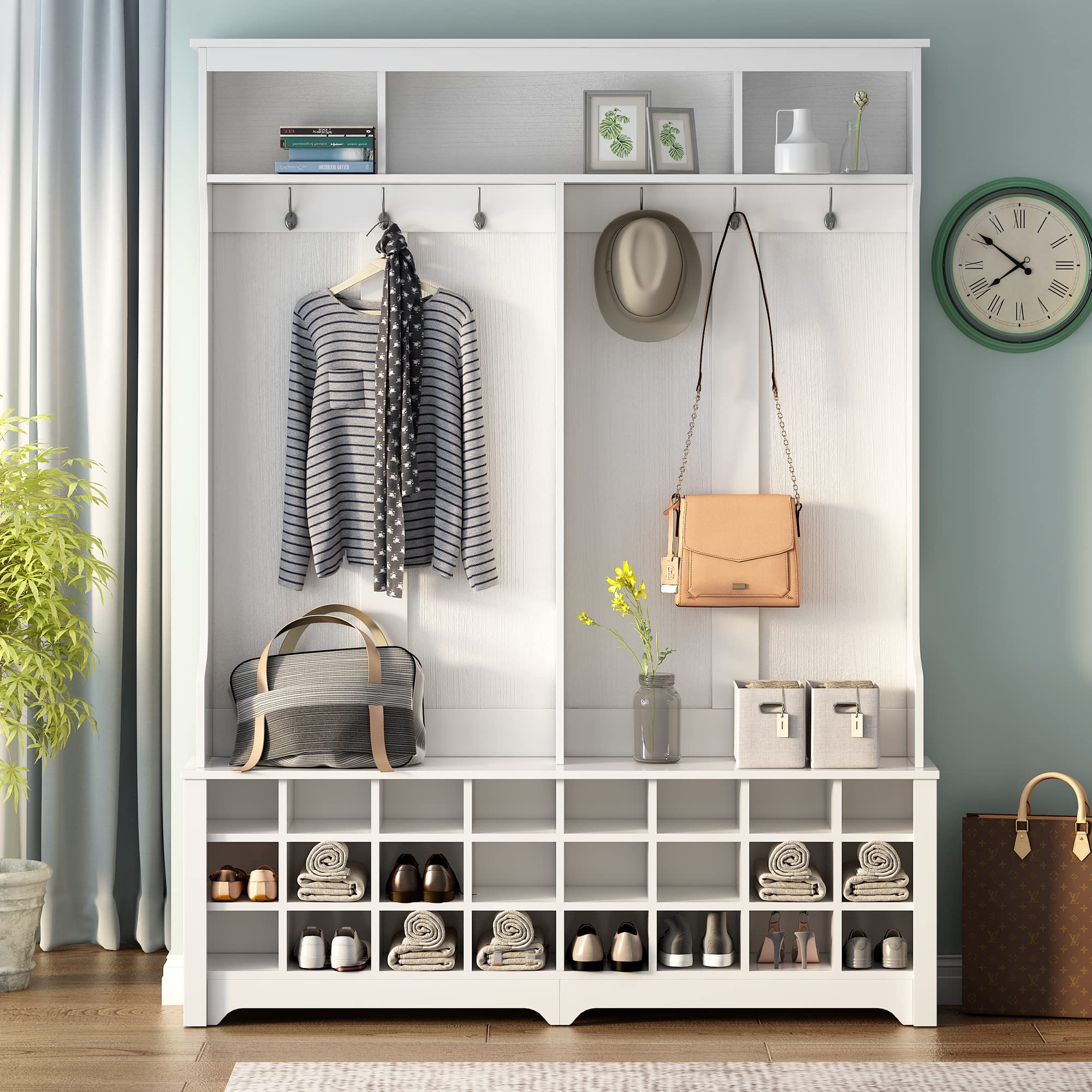 Polibi Hall Tree Storage Bench - Coat Rack with Black Metal Hooks, Entryway Bench with 24 Shoe Grids - White Entryway Organizer for Hallway, Living Room & Bedroom - Perfect for Small Space Organization & Home Decor