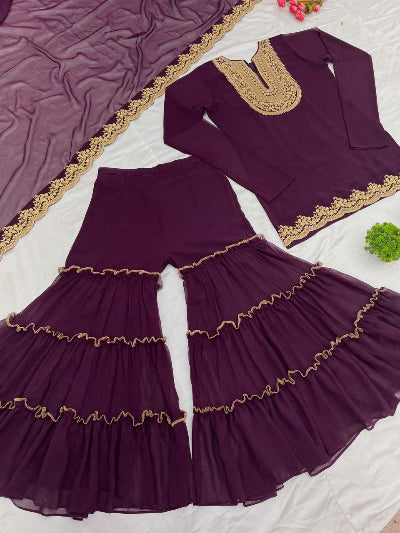 Elegant Wine Blooming Faux Georgette Sequined Gharara Suit Set for Women | Traditional Pakistani Wedding Outfit | Perfect for Bridal Shower, Mehndi & Festive Occasions