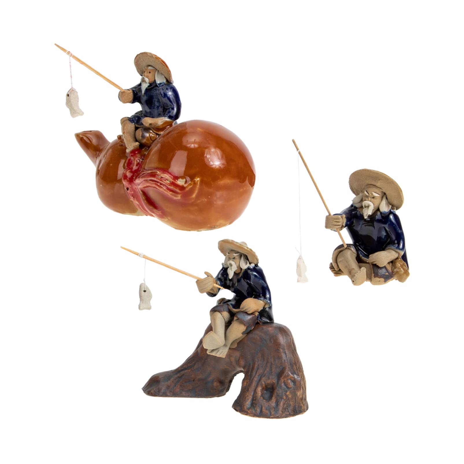 GANAZONO 3-Piece Chinese Bonsai Ornament Set - Ceramic Fisherman Figurines, Miniature Landscape Decor for Zen Gardens, Home Office Desk & Aquarium Scenery