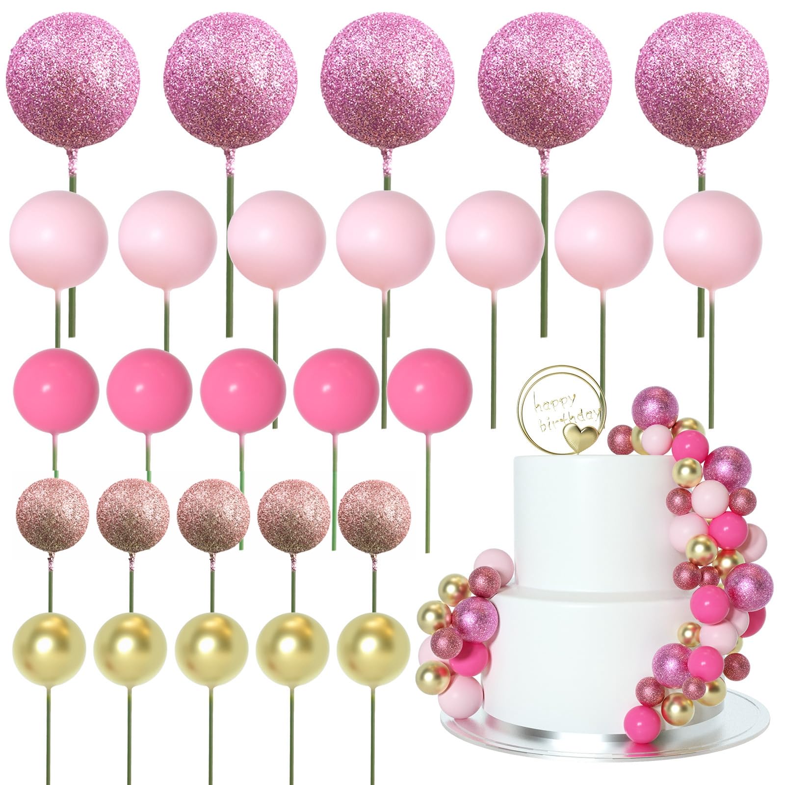 ASTARON 50 Pcs Pink Ball Cake Toppers - Mini Balloon Sticks for Cake Decorating, Foam Ball Cake Decorations - Perfect for Baby Shower, Birthday Party, Wedding Cake Toppers & Dessert Table Decor